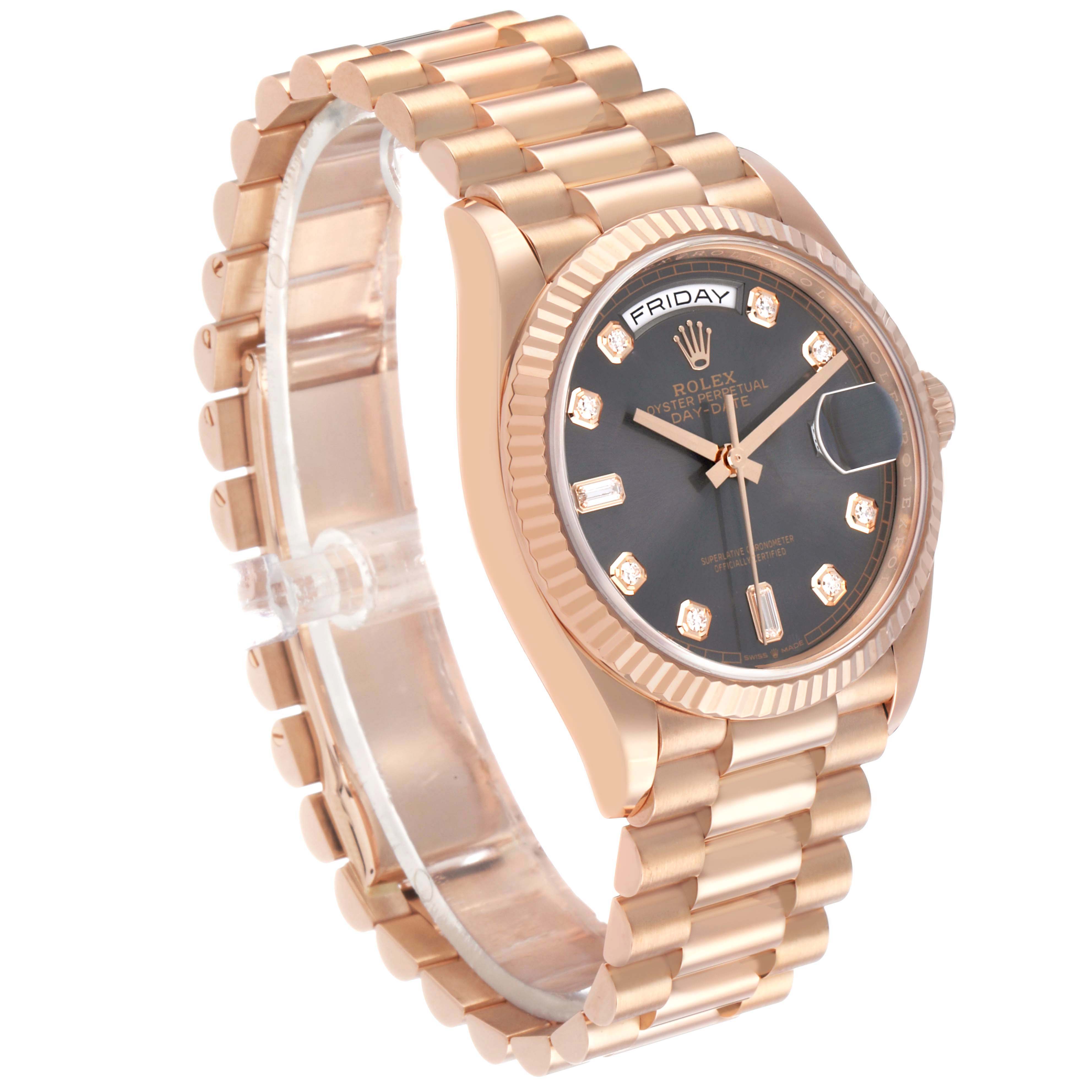The Rolex President 128235 Men's Rose Gold Grey Dial model is shown at a three-quarter angle, highlighting the watch face, band, and fluted bezel.