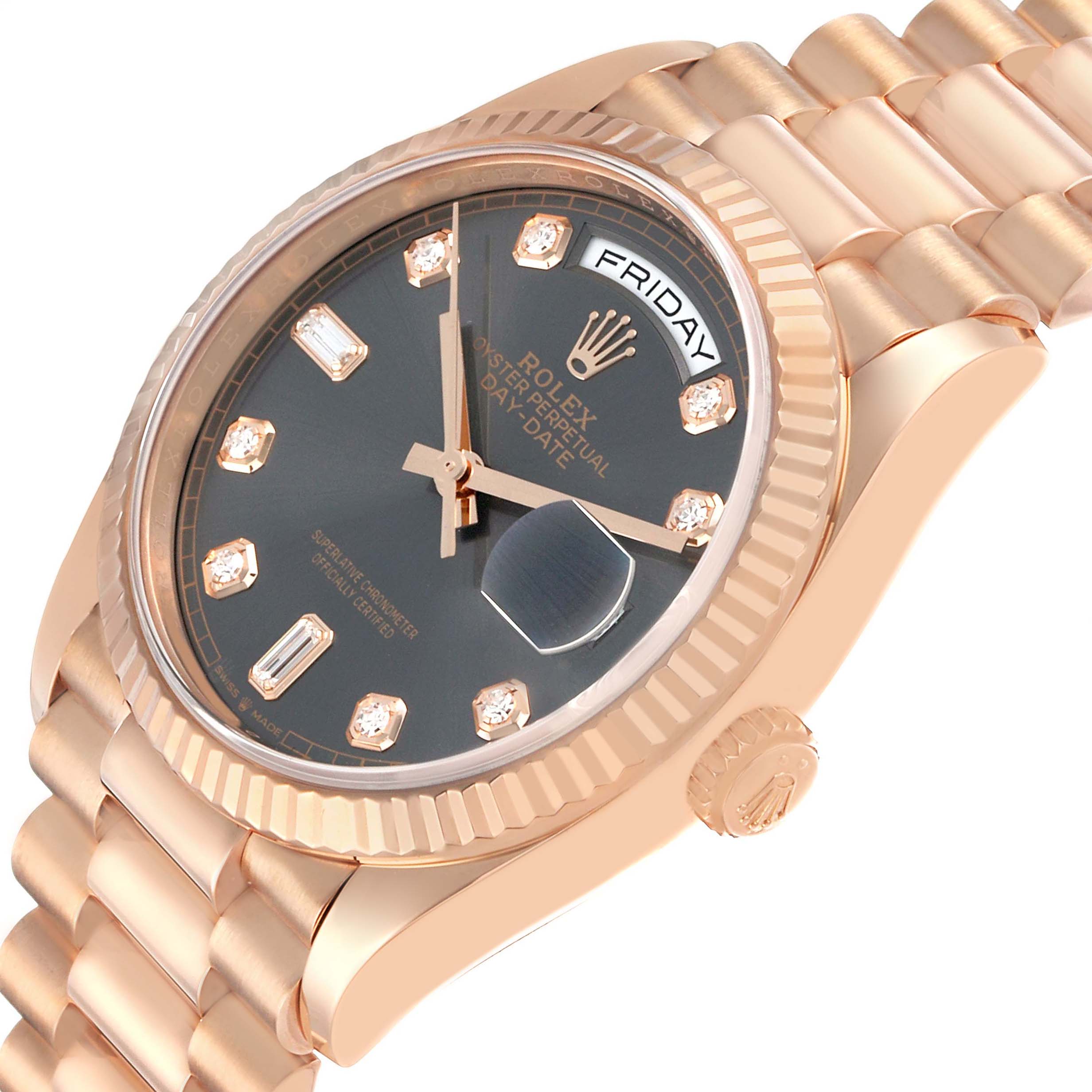 The Rolex President 128235 Men's Rose Gold Grey Dial model is shown at a three-quarter angle, highlighting the dial, fluted bezel, day-date windows, and part of the bracelet.