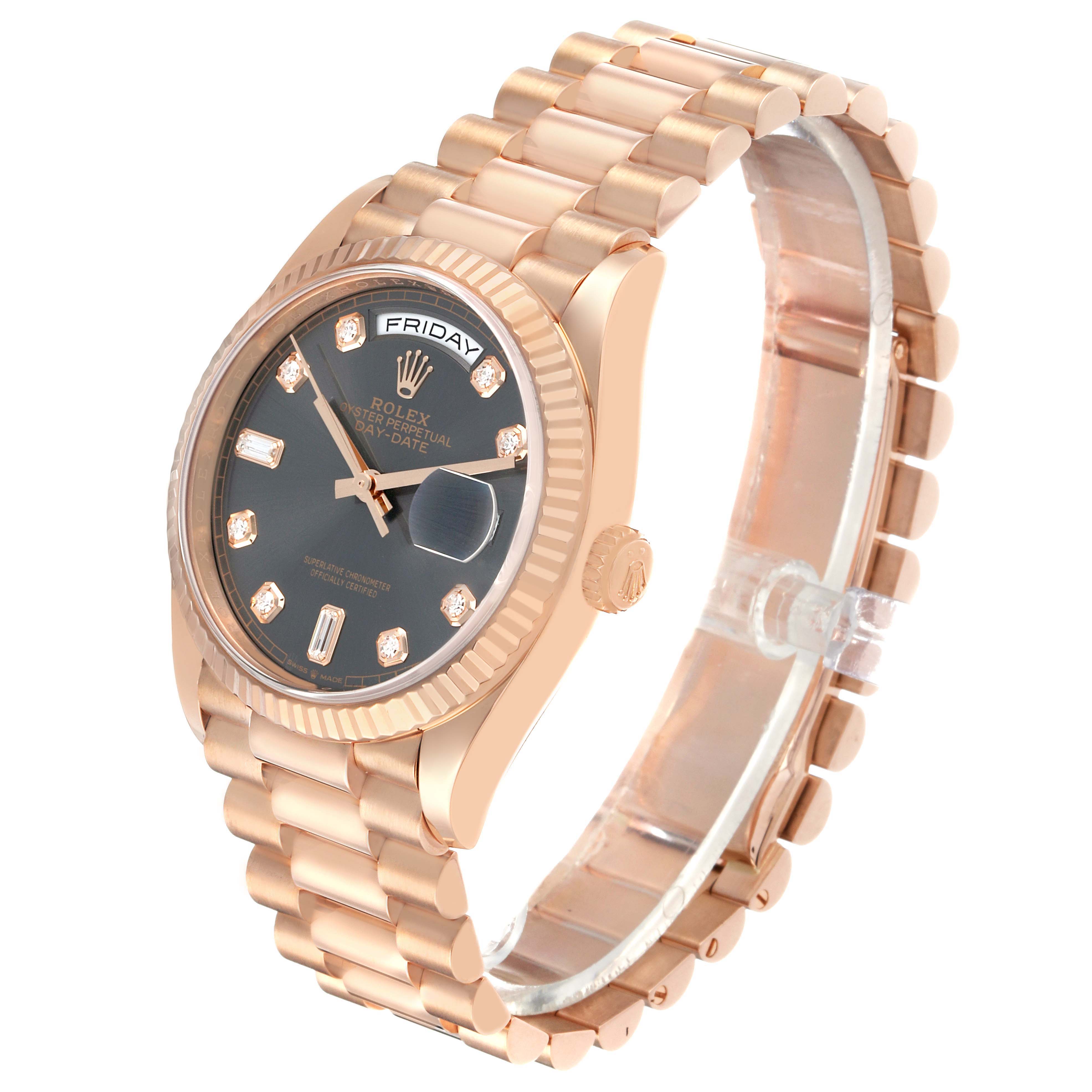 The Rolex President 128235 Men's Rose Gold Grey Dial model is shown at a three-quarter angle, highlighting the watch face, bracelet, and crown.