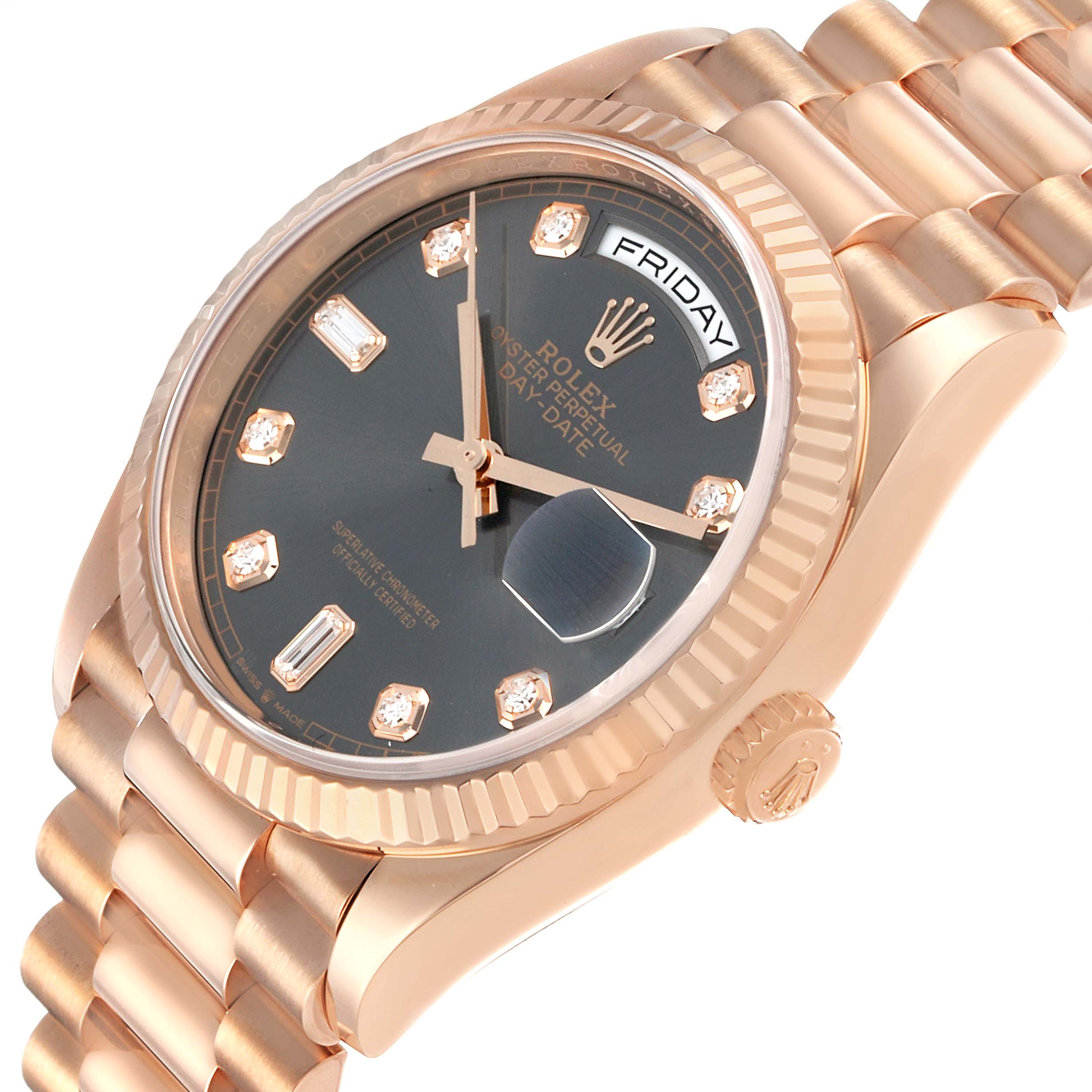 The Rolex President 128235 Men's Rose Gold Grey Dial model is shown at an angled view, highlighting the face, crown, bezel, and part of the bracelet.