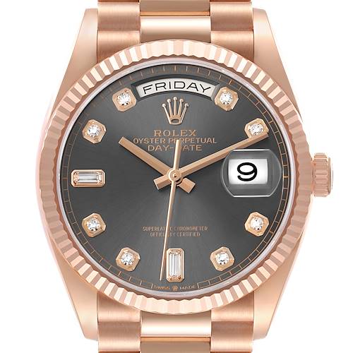 Photo of Rolex President Day-Date Slate Diamond Dial Rose Gold Mens Watch 128235 Box Card