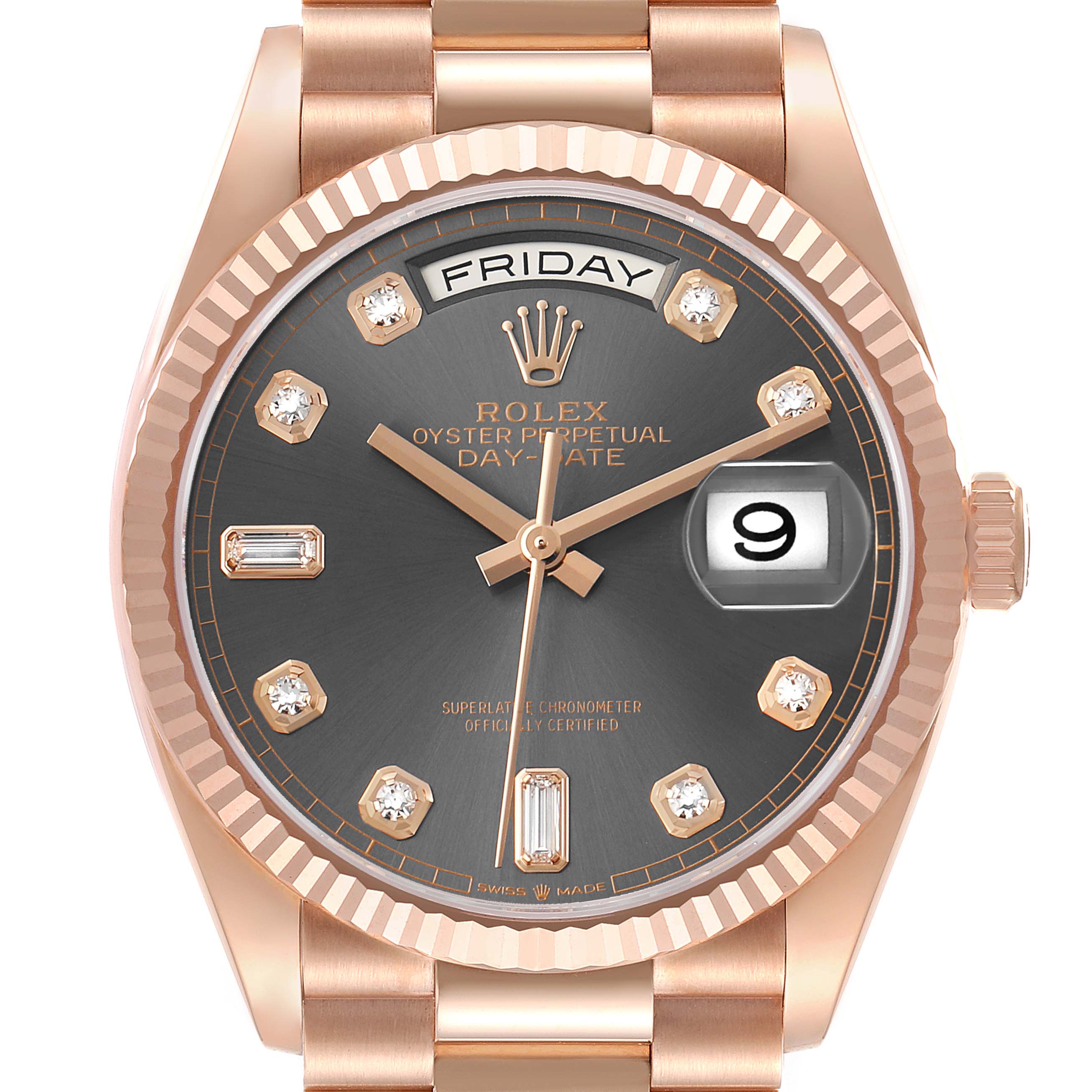 The Rolex President 128235 Men's Rose Gold Grey Dial model is shown from the front, displaying the dial, day, and date features, with a fluted bezel and bracelet.