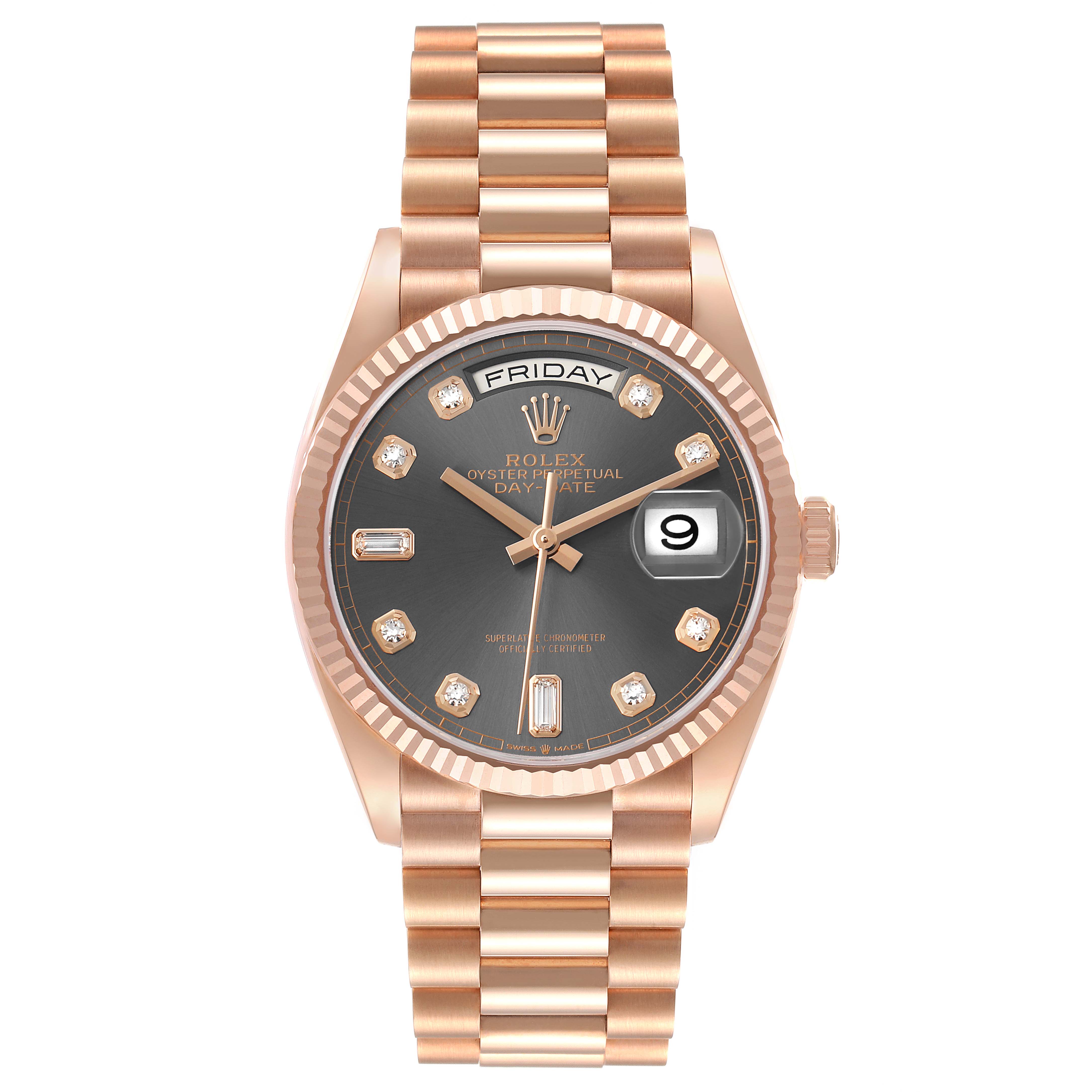 The Rolex President 128235 Men's Rose Gold Grey Dial model watch is shown from a front angle, displaying its face, dial, hands, date, and bracelet.