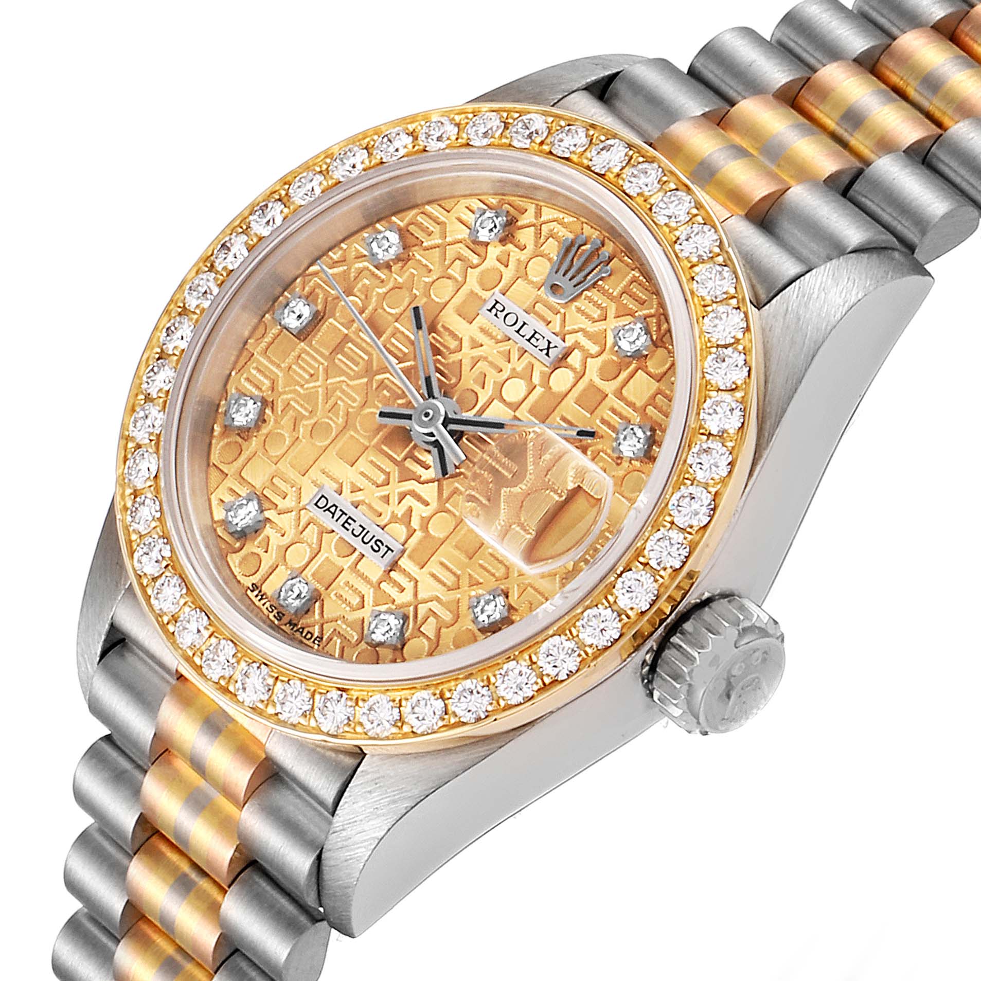 This image shows a close-up angle of a Rolex President 69139 Women's White Gold Brown Dial 69139 Women's White Gold Brown Dial watch, highlighting its bejeweled bezel, patterned dial, hands, and crown.