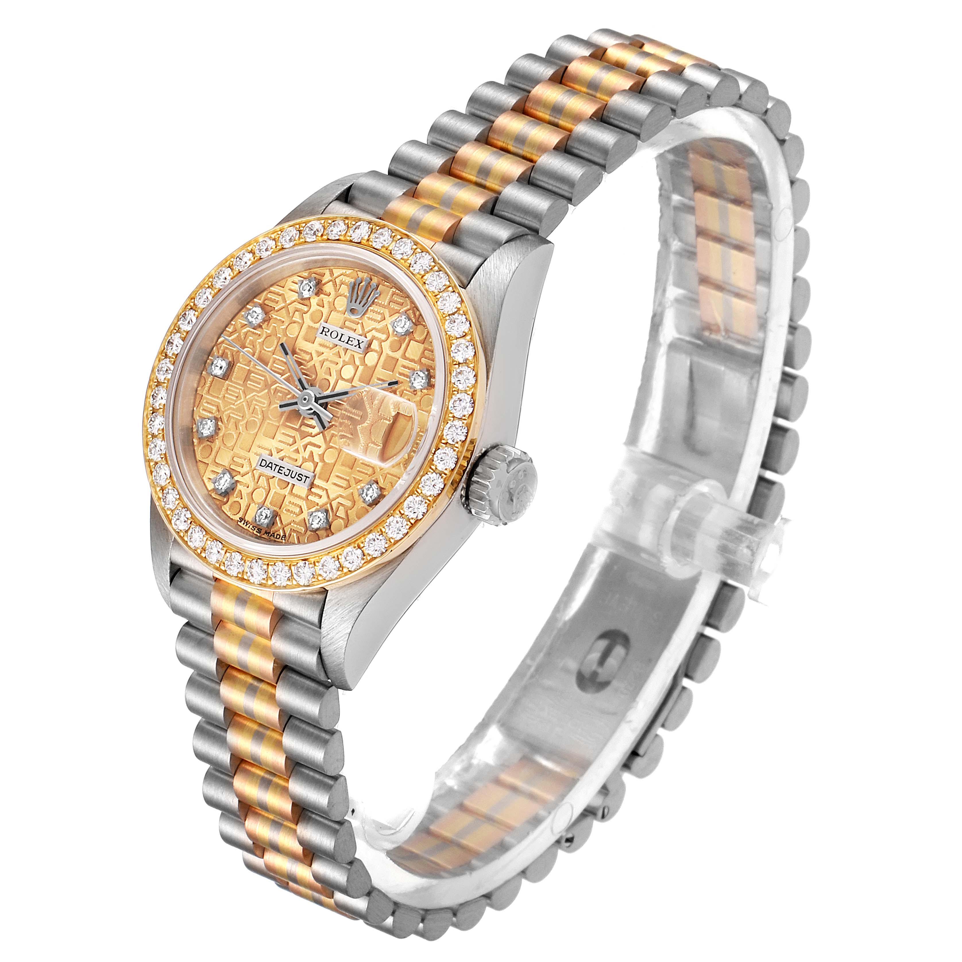 The image shows a President model Rolex watch from a side angle, highlighting its gold dial, diamond bezel, and two-tone band.