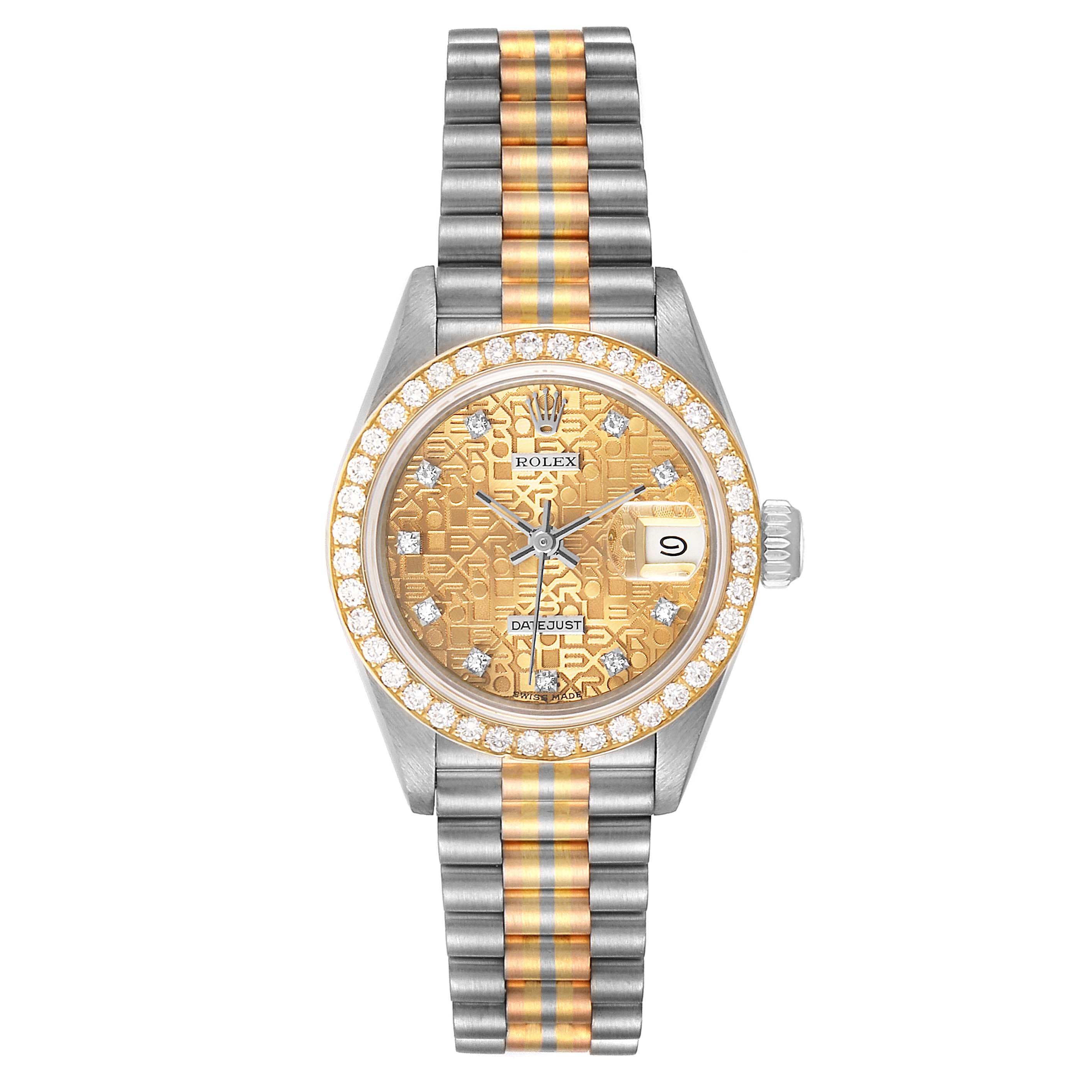 This image shows a front view of a Rolex President 69139 Women's White Gold Brown Dial 69139 Women's White Gold Brown Dial model watch, displaying the bezel, dial, and bracelet.