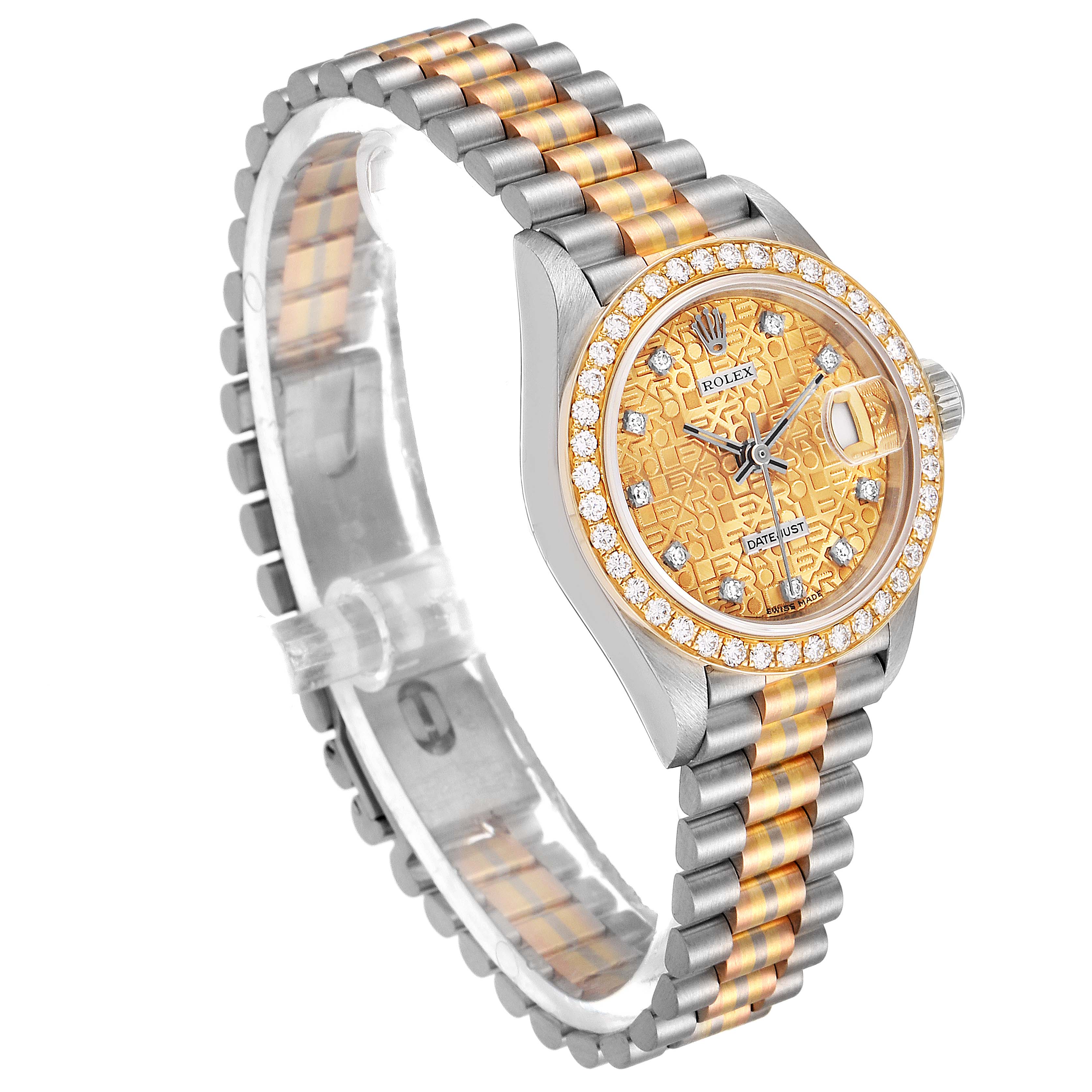 The image shows a Rolex President 69139 Women's White Gold Brown Dial 69139 Women's White Gold Brown Dial model watch from a three-quarter angle, highlighting its face, bezel, case, and two-tone bracelet.