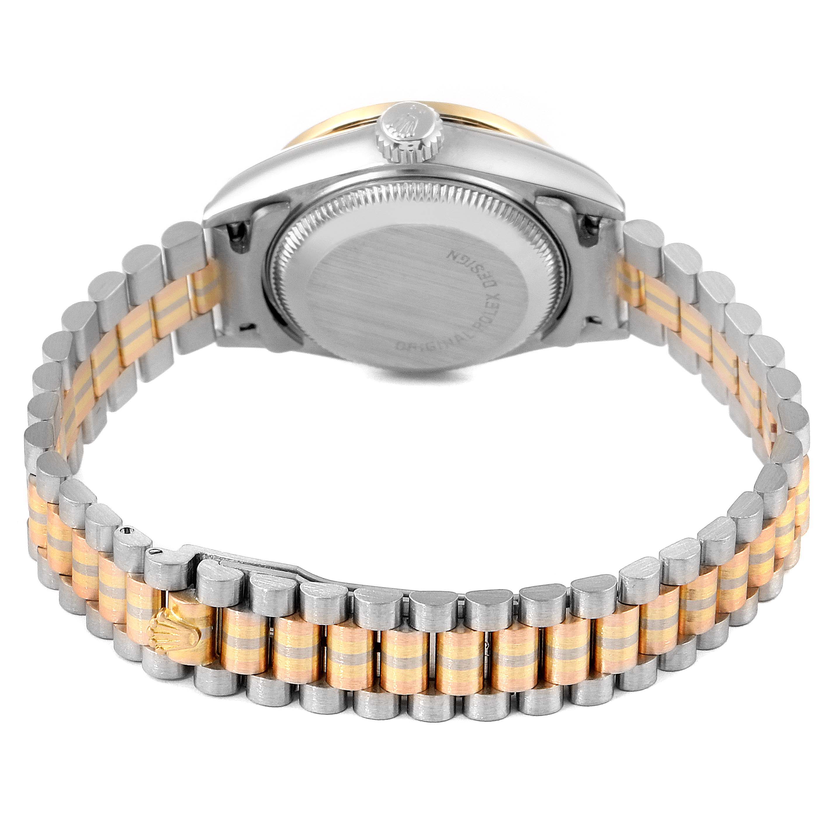 This image shows the back side of the Rolex President 69139 Women's White Gold Brown Dial 69139 Women's White Gold Brown Dial model watch with a view of its two-tone bracelet and case back.