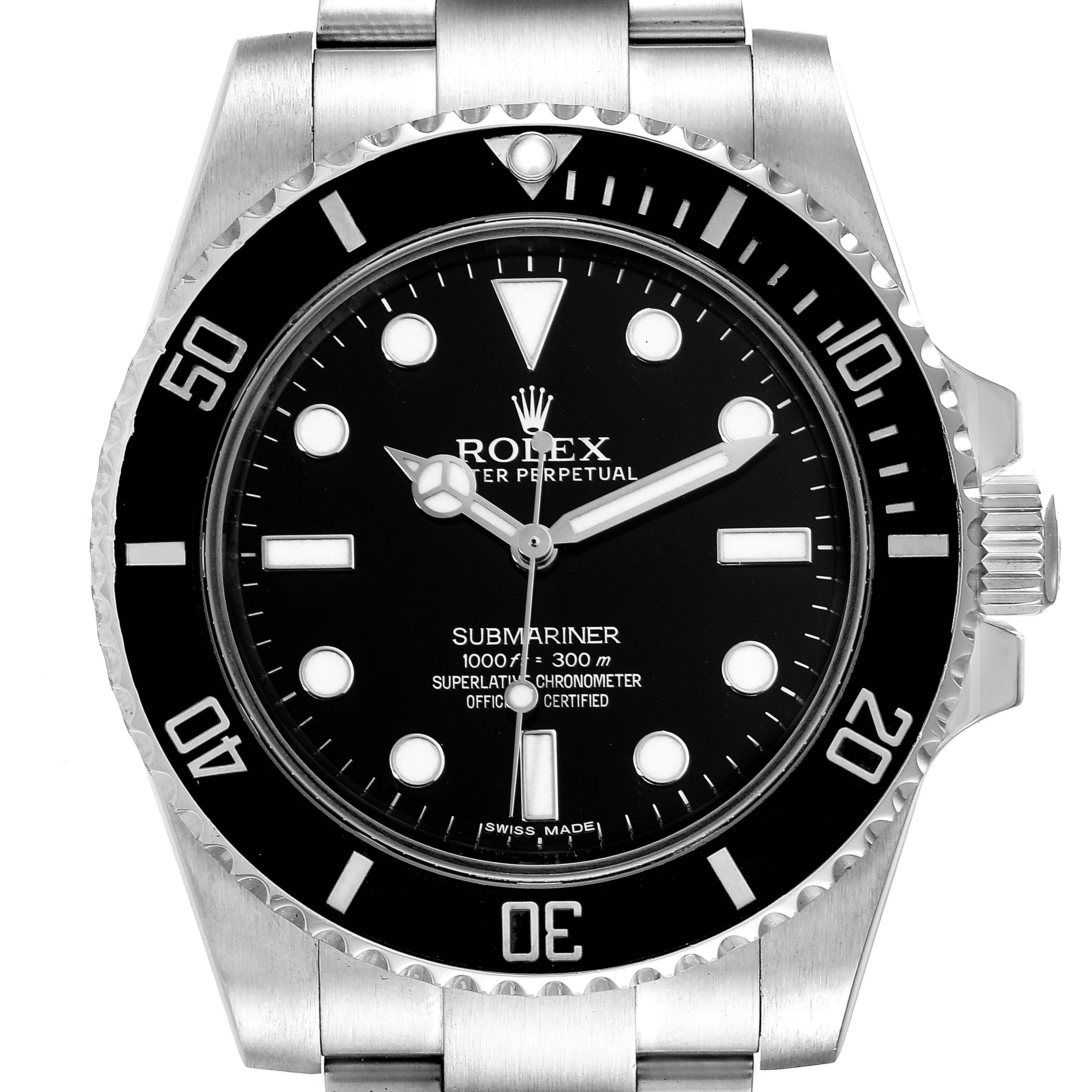 This image shows a front view of the Rolex Submariner 114060 Men
s Stainless Steel Black Dial 114060 Men
s Stainless Steel Black Dial watch, focusing on its face, bezel, and part of the bracelet.