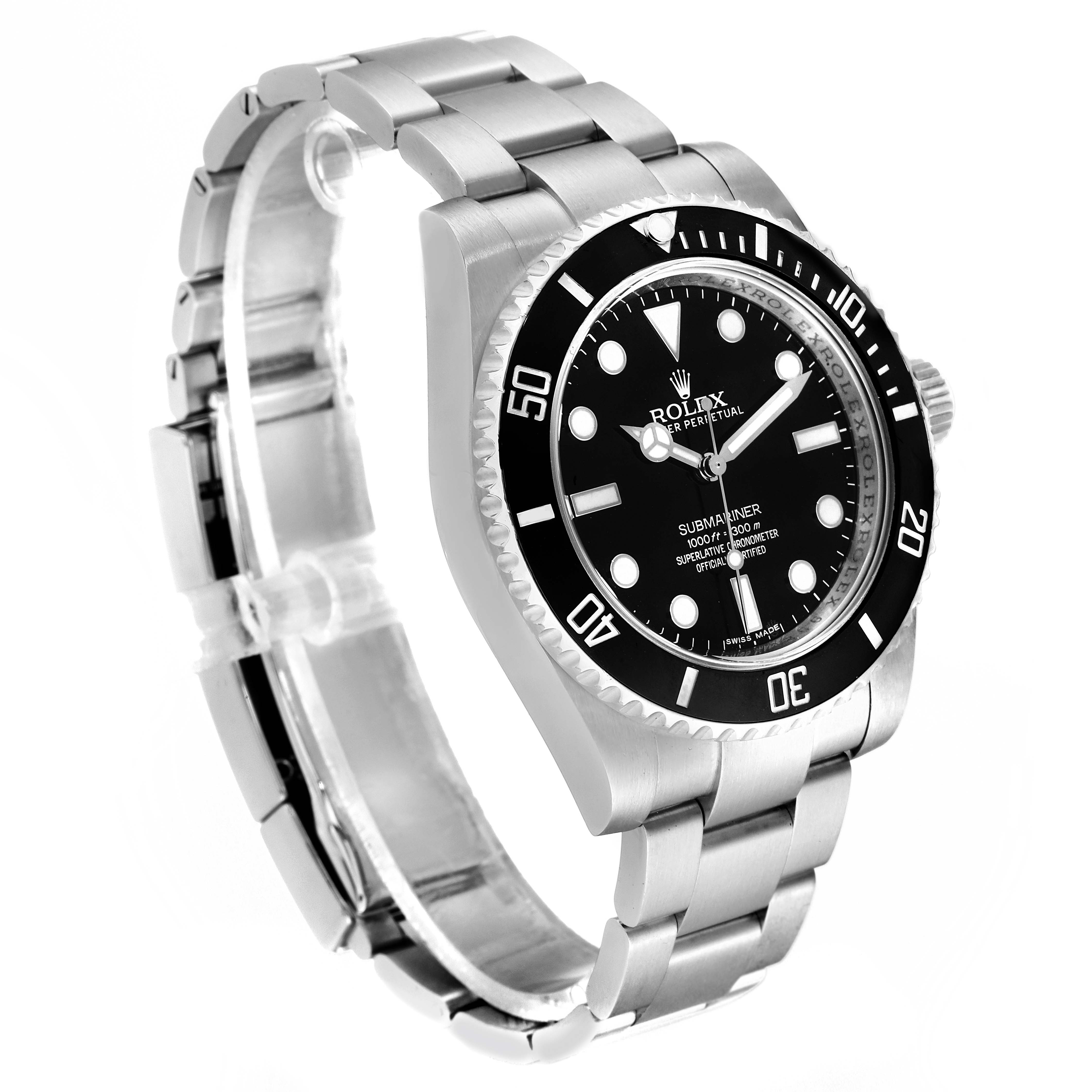 This image shows a side angle view of a Rolex Submariner 114060 Men
s Stainless Steel Black Dial 114060 Men
s Stainless Steel Black Dial watch, highlighting the watch face, bezel, and part of the bracelet.