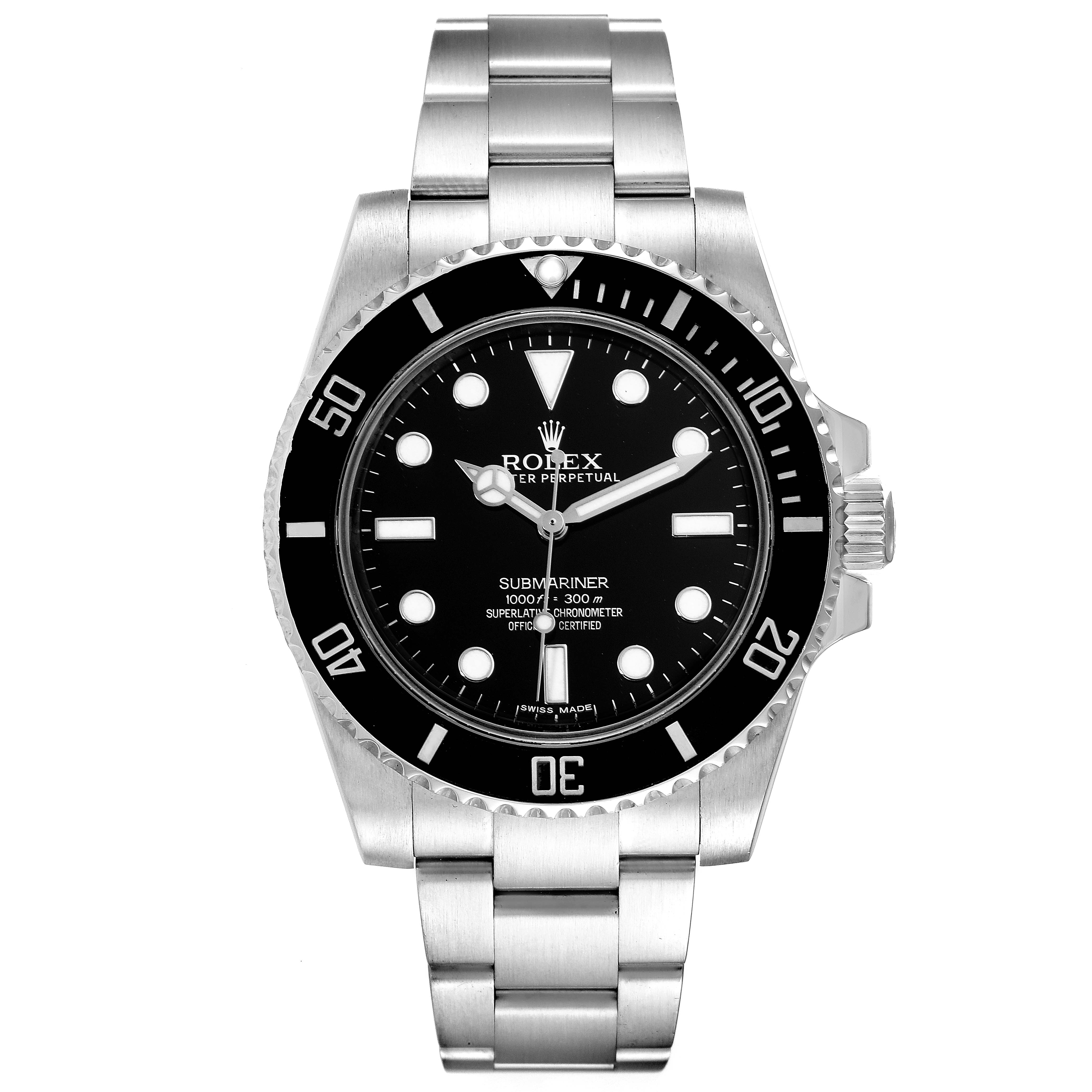 The image shows a front view of a Rolex Submariner 114060 Men
s Stainless Steel Black Dial 114060 Men
s Stainless Steel Black Dial watch, highlighting its face, bezel, and stainless steel bracelet.