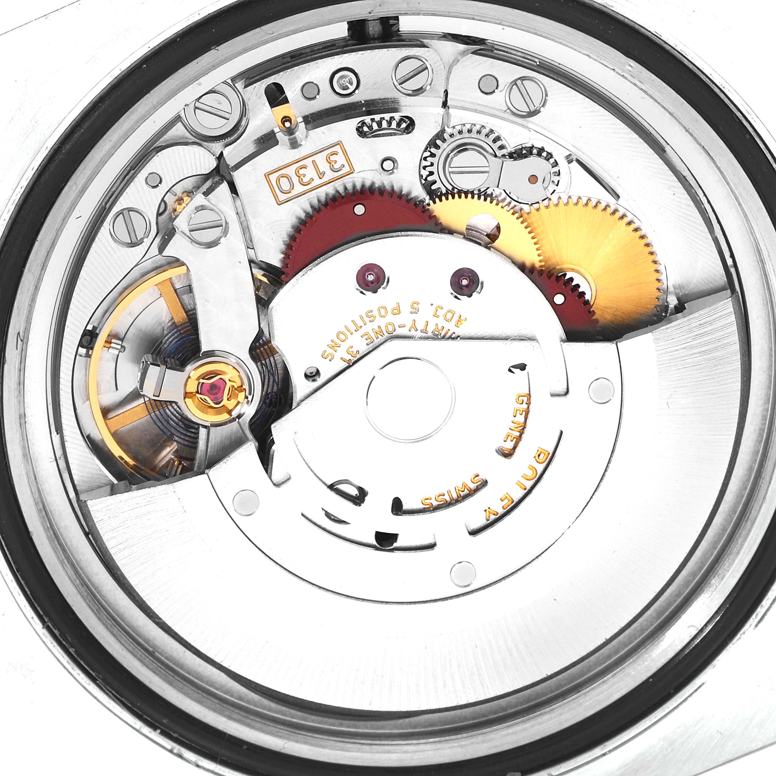 The image shows the internal mechanics of the Rolex Submariner 114060 Men
s Stainless Steel Black Dial 114060 Men
s Stainless Steel Black Dial watch, highlighting gears and other movement components.