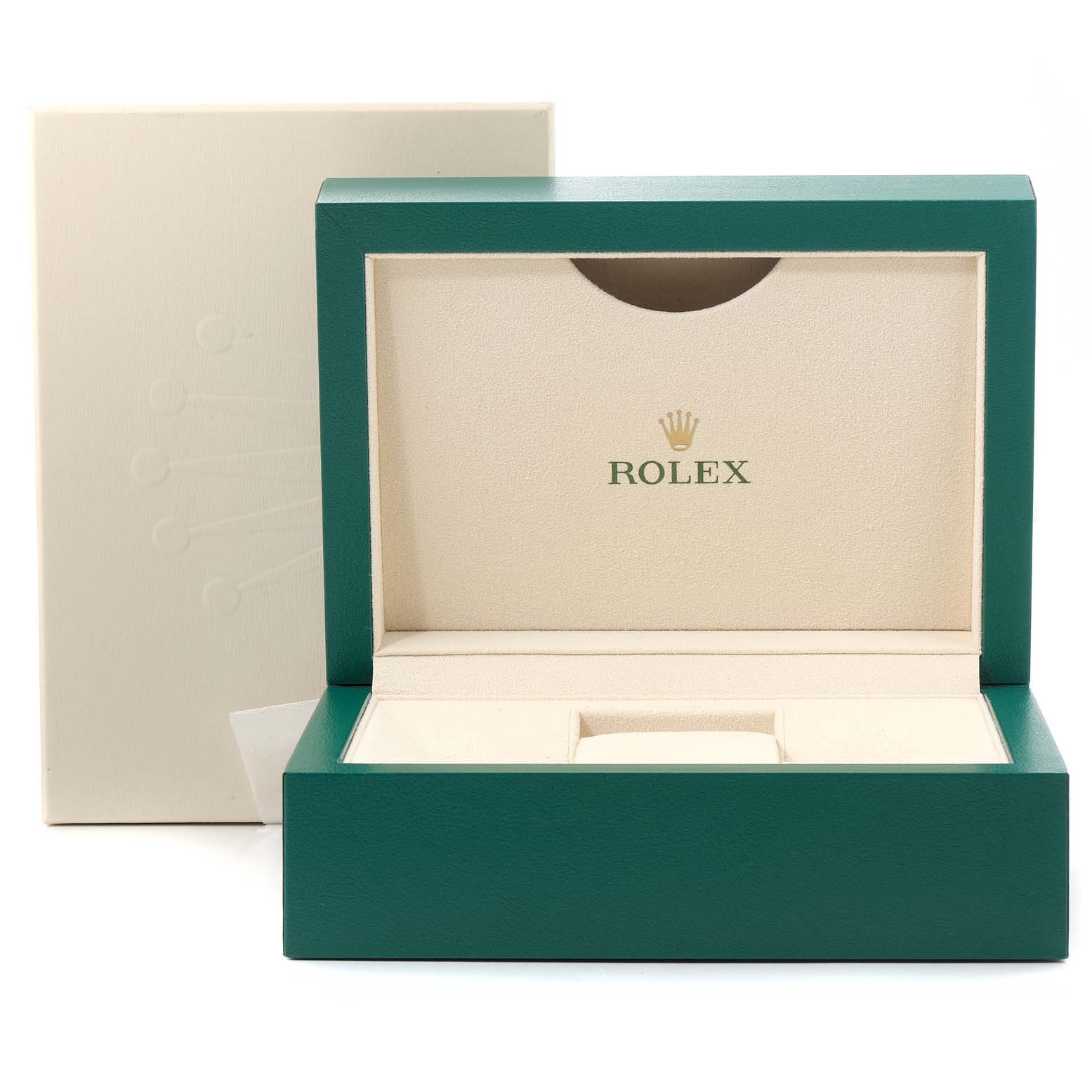 This image shows an open Rolex Submariner 114060 Men
s Stainless Steel Black Dial 114060 Men
s Stainless Steel Black Dial watch box with the Rolex logo, in green and beige colors.