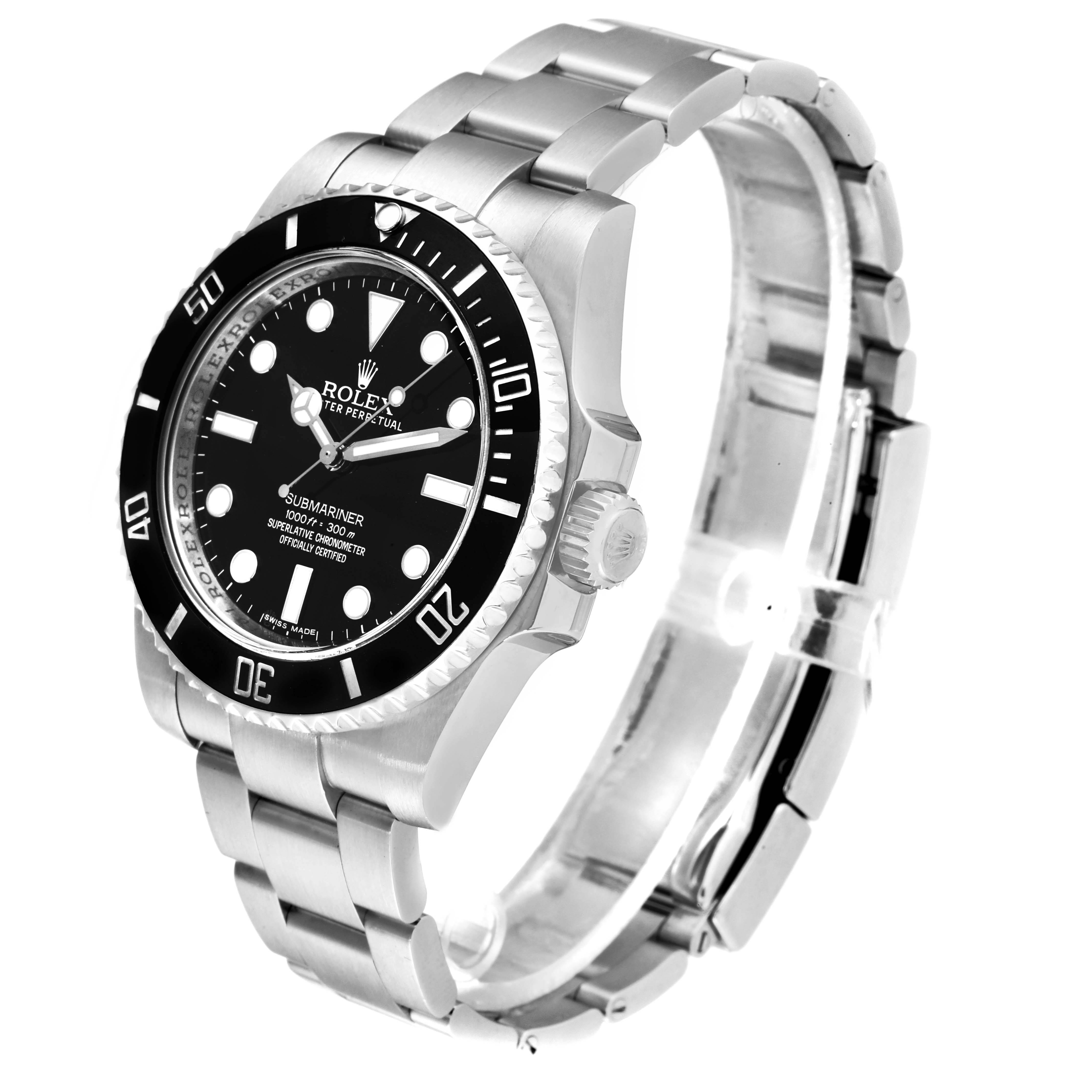 The Rolex Submariner 114060 Men
s Stainless Steel Black Dial 114060 Men
s Stainless Steel Black Dial watch is shown at an angled side view, displaying the dial, bezel, crown, and part of the bracelet.