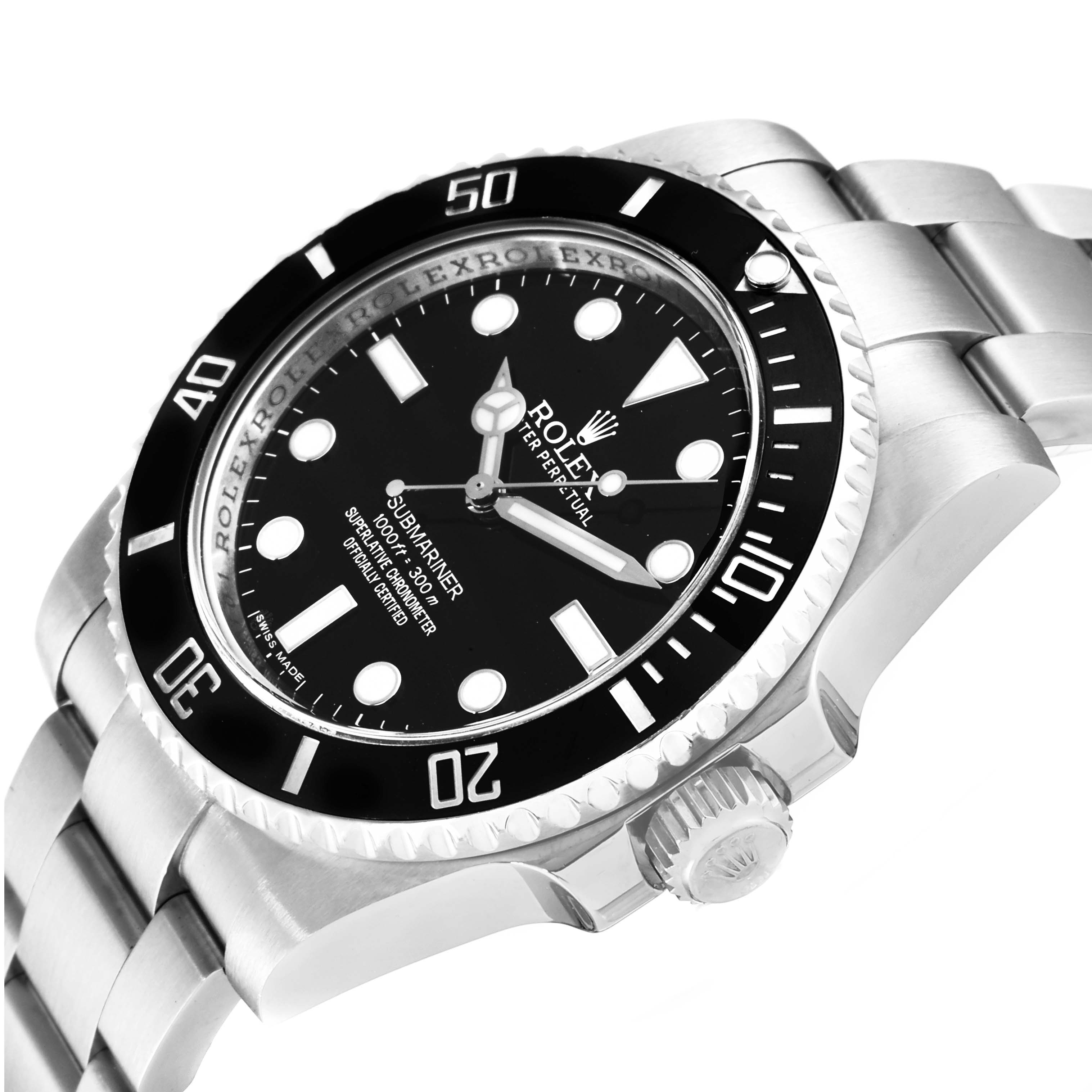 The image shows a close-up angle of a Rolex Submariner 114060 Men
s Stainless Steel Black Dial 114060 Men
s Stainless Steel Black Dial watch, highlighting its bezel, dial, and part of the bracelet.