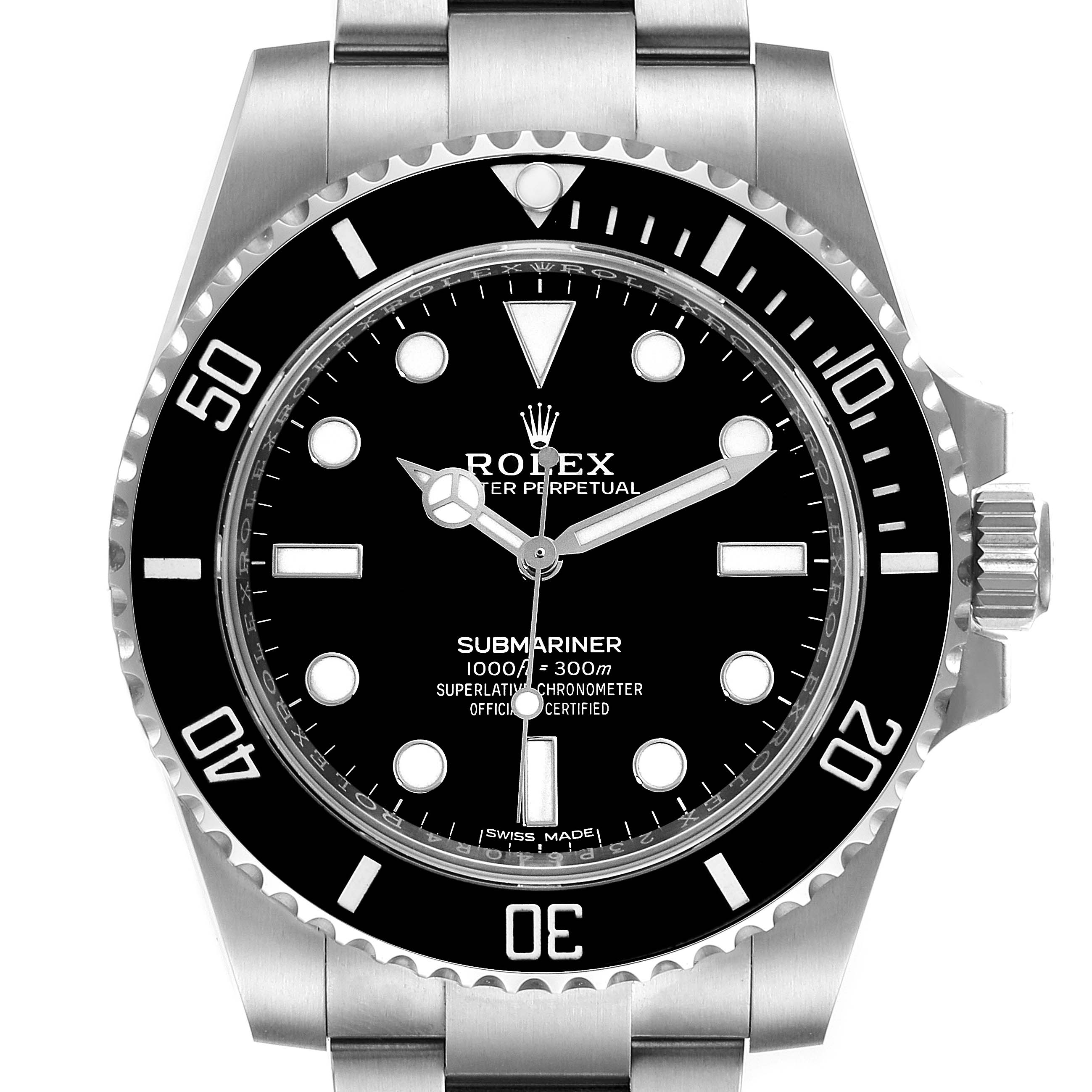 This image shows a front view of a Rolex Submariner 114060 Men
s Stainless Steel Black Dial 114060 Men
s Stainless Steel Black Dial watch, displaying its face, bezel, and part of the bracelet.
