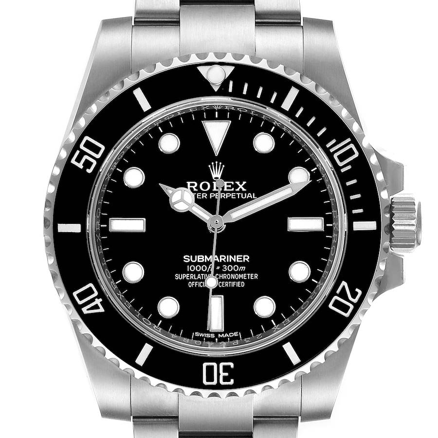 This image shows a front view of a Rolex Submariner watch, displaying its face, bezel, and part of the bracelet.