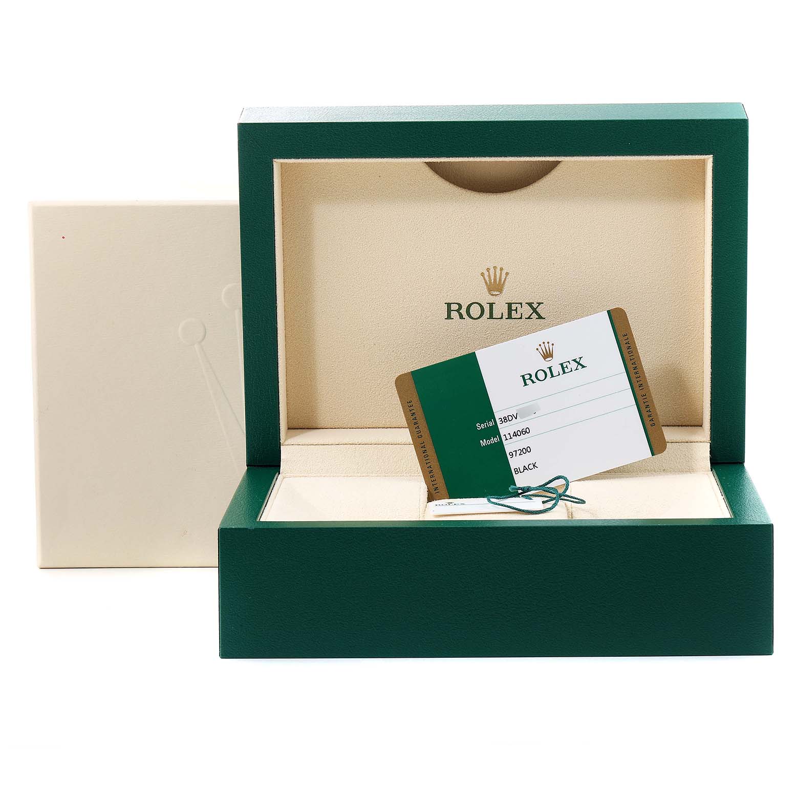 The image shows an open Rolex Submariner 114060 Men
s Stainless Steel Black Dial 114060 Men
s Stainless Steel Black Dial watch box with a warranty card inside.