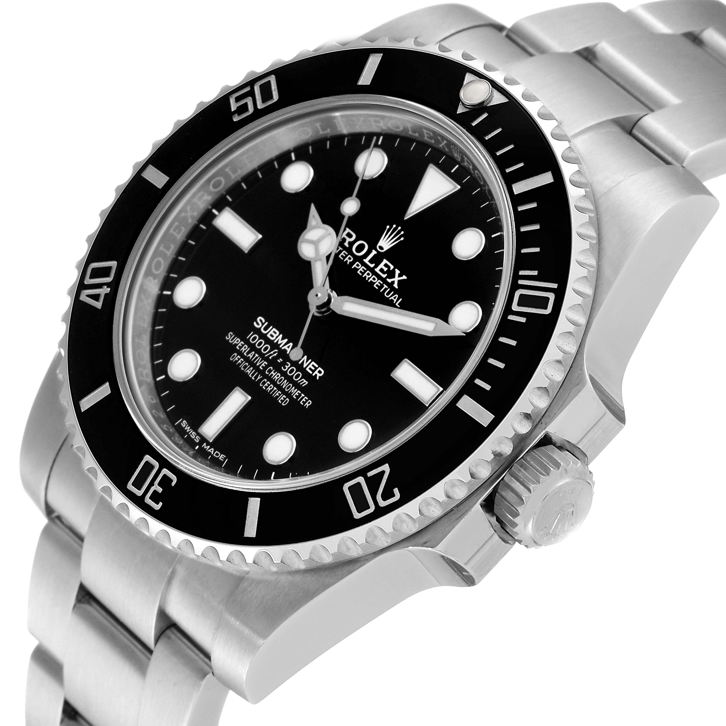 The image shows a close-up angled side view of the Rolex Submariner 114060 Men
s Stainless Steel Black Dial 114060 Men
s Stainless Steel Black Dial, highlighting the watch face, bezel, and bracelet clasp.