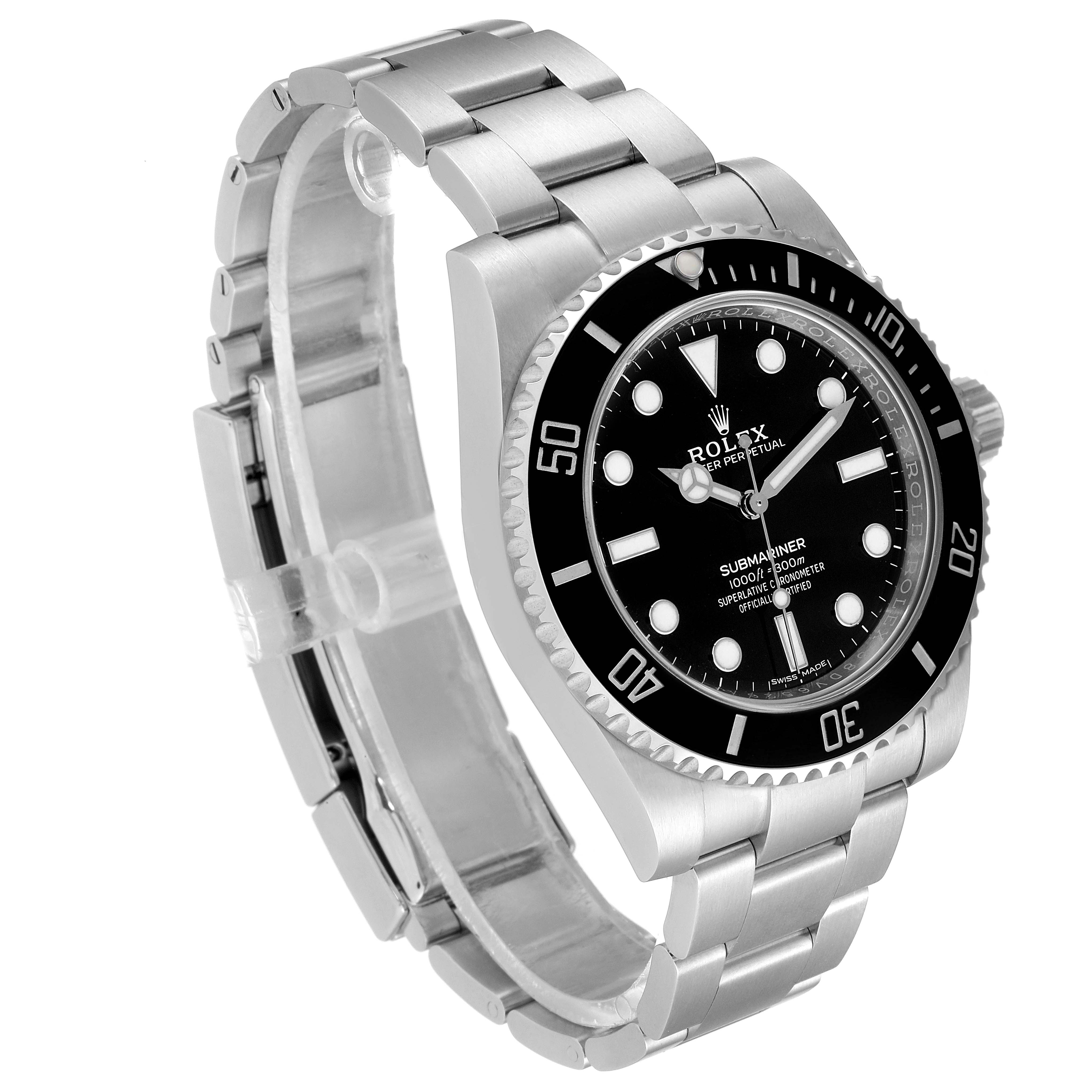 This image shows a Rolex Submariner 114060 Men
s Stainless Steel Black Dial 114060 Men
s Stainless Steel Black Dial watch at an angled side view, displaying the bezel, dial, case, and bracelet.
