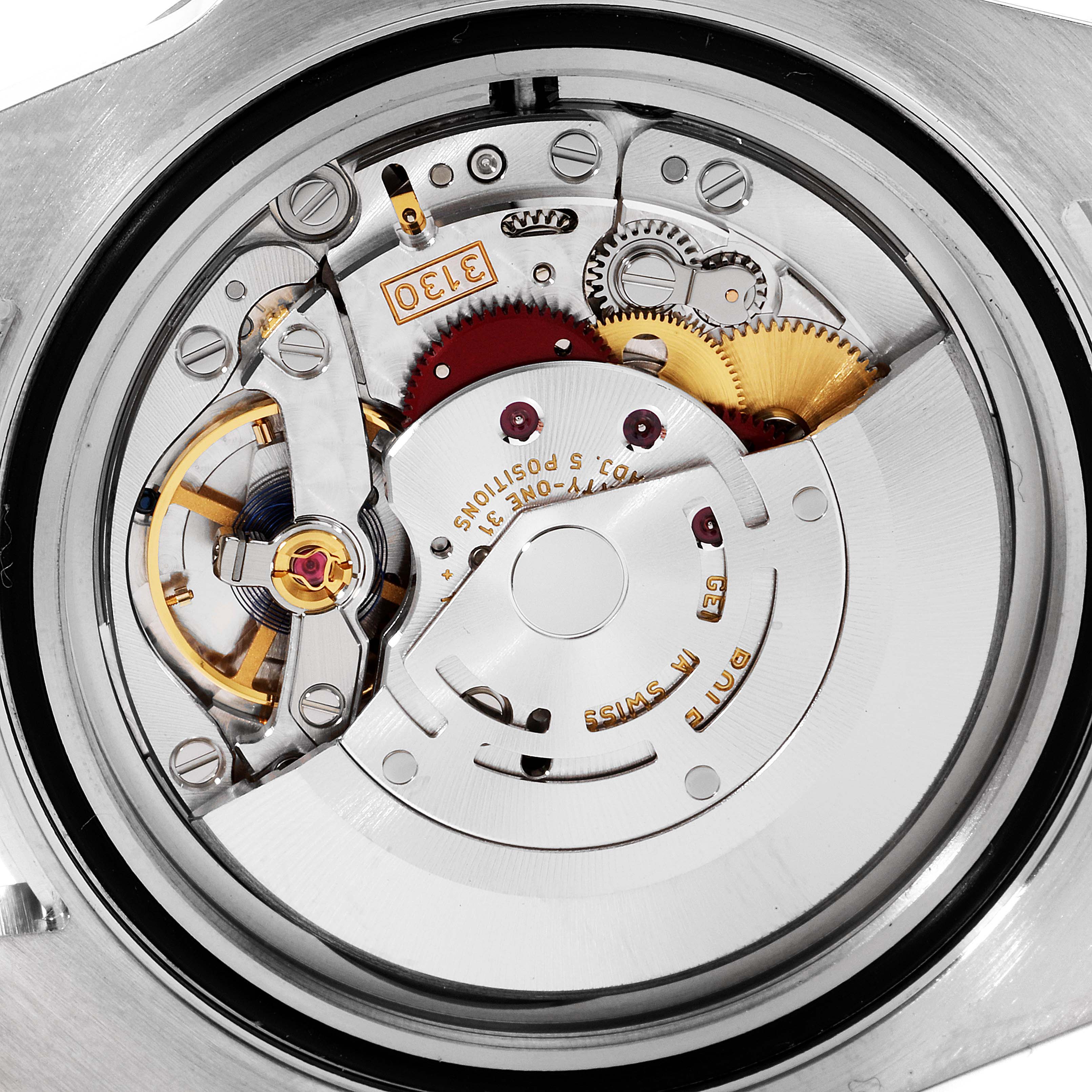 This image shows the internal mechanical movement of a Rolex Submariner 114060 Men
s Stainless Steel Black Dial 114060 Men
s Stainless Steel Black Dial watch from a close-up, top-down angle.