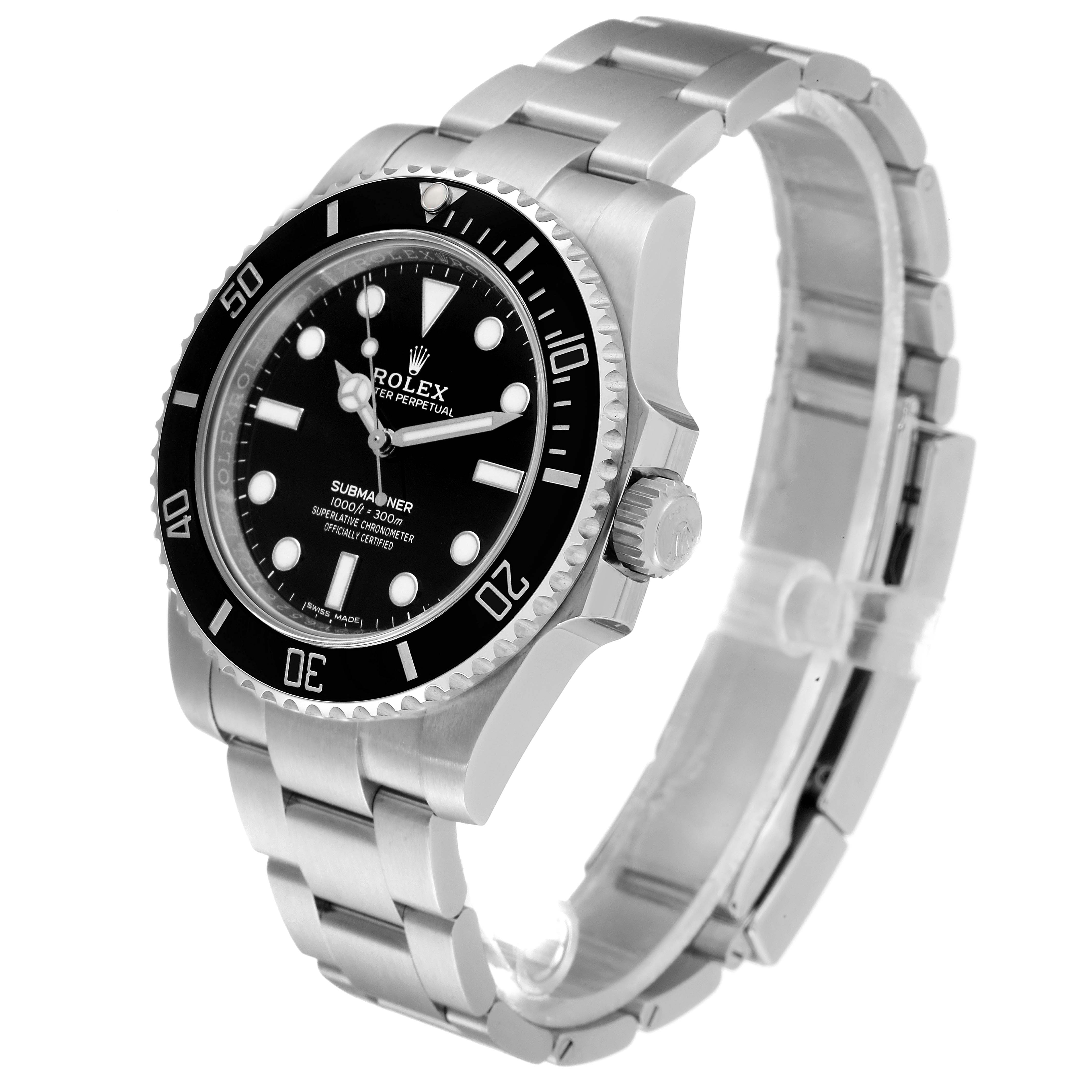 The image shows a side and front angle of the Rolex Submariner 114060 Men
s Stainless Steel Black Dial 114060 Men
s Stainless Steel Black Dial, featuring the bezel, dial, and bracelet.