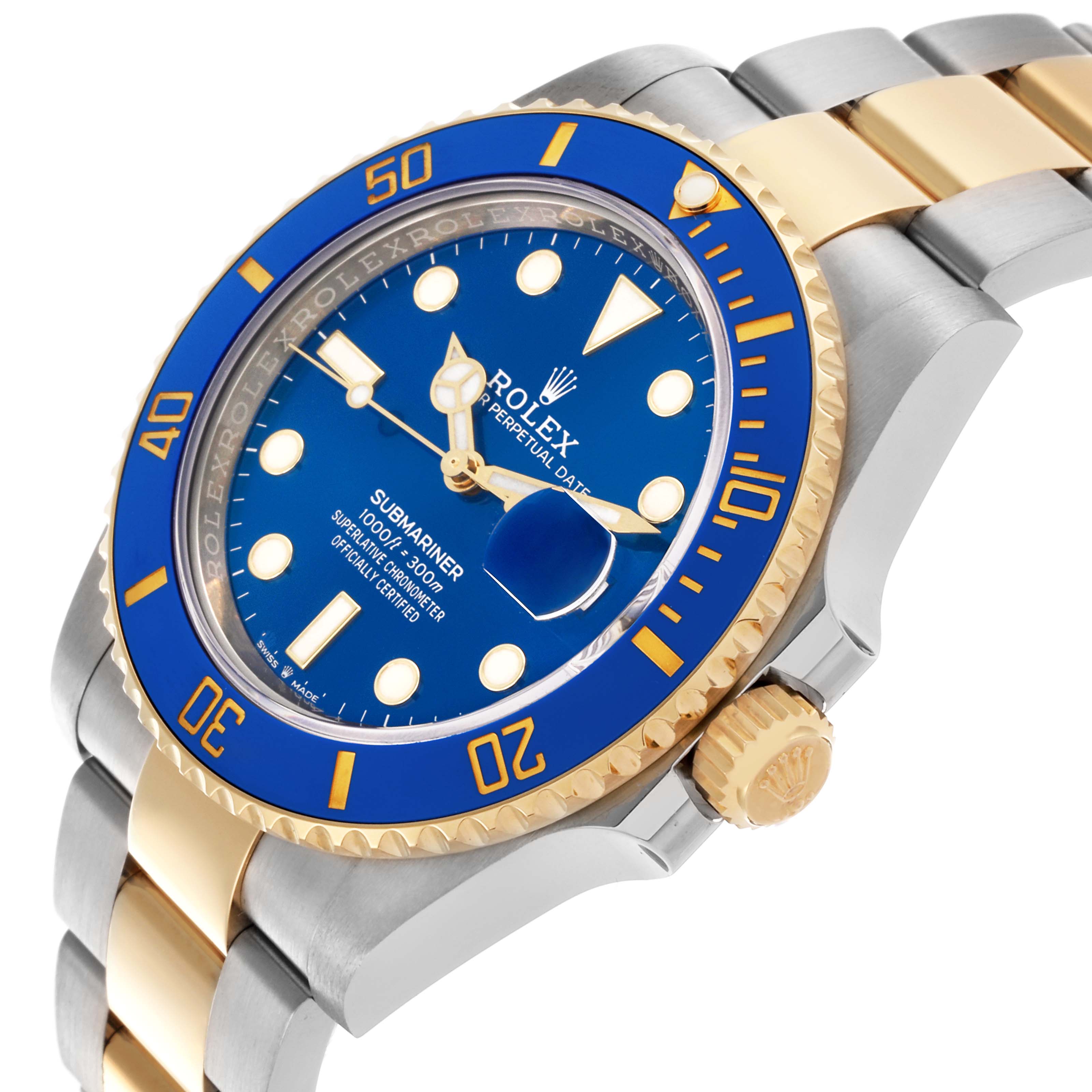 The Rolex Submariner 126613LB Men's Steel and Gold (two tone) Blue Dial 126613LB Men's Steel and Gold (two tone) Blue Dial watch is shown at a slight angle, highlighting the blue dial, bezel, and two-tone bracelet.