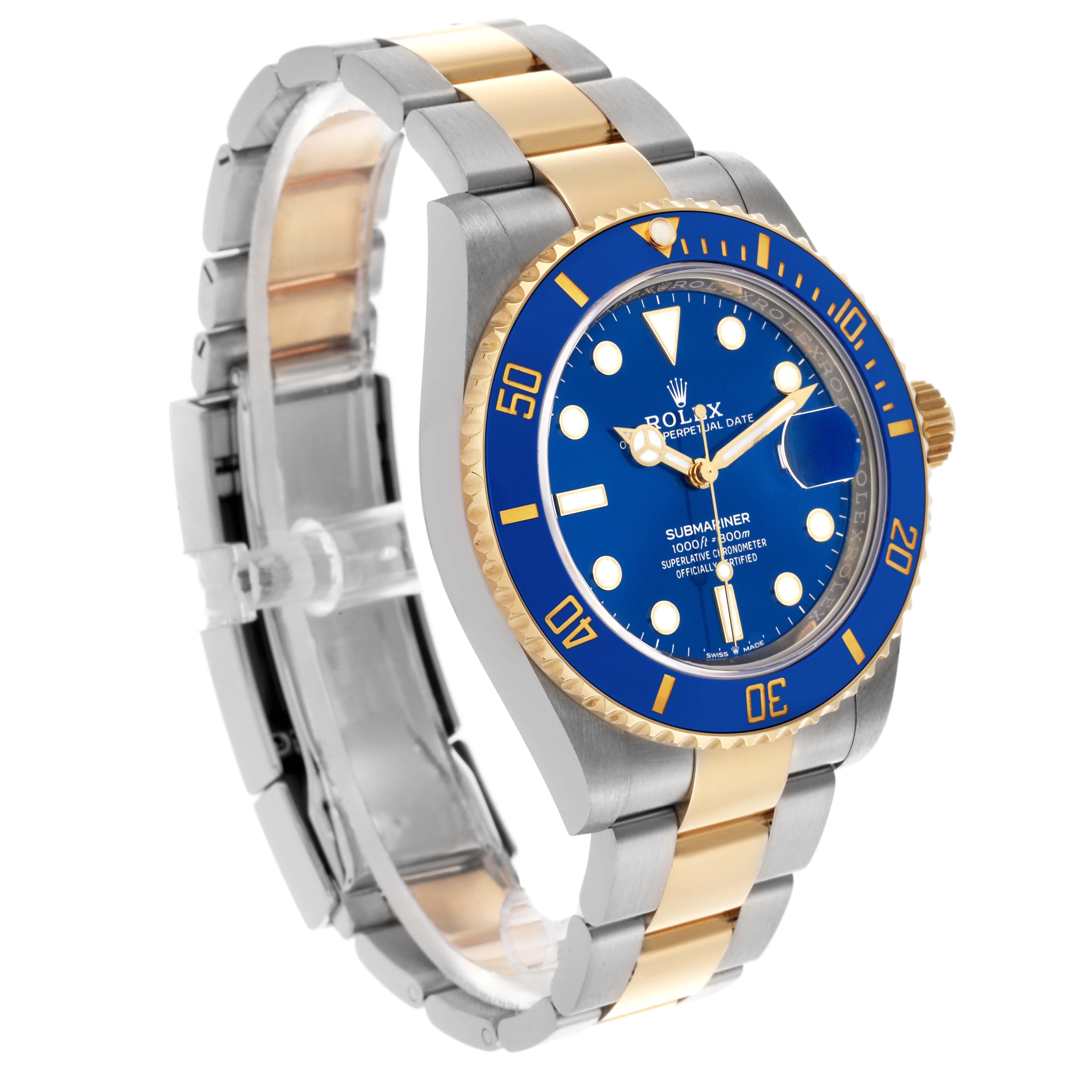 The Rolex Submariner 126613LB Men's Steel and Gold (two tone) Blue Dial 126613LB Men's Steel and Gold (two tone) Blue Dial watch is shown at a three-quarter angle, highlighting its blue bezel, blue dial, and two-tone bracelet.