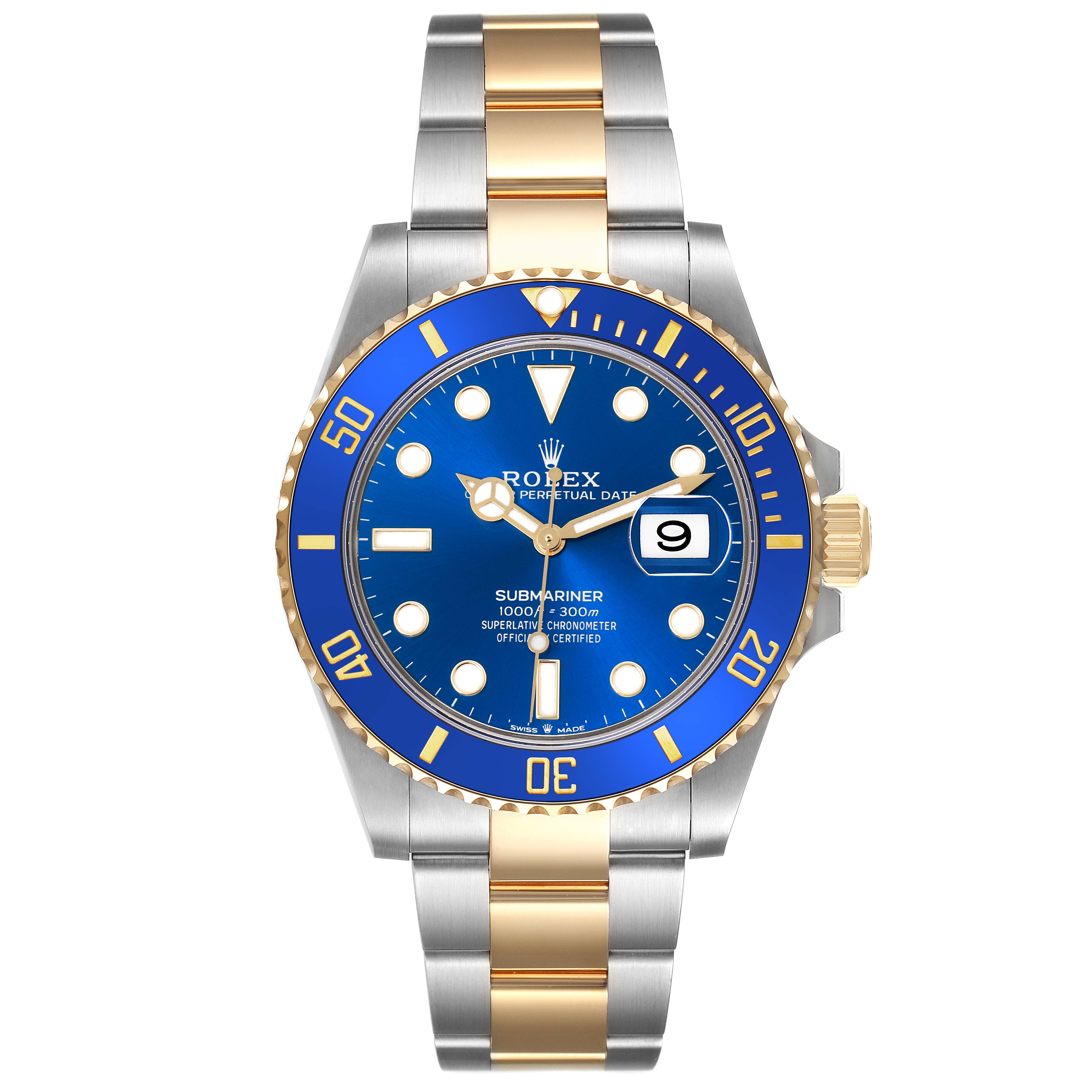 The Rolex Submariner 126613LB Men's Steel and Gold (two tone) Blue Dial 126613LB Men's Steel and Gold (two tone) Blue Dial watch is shown from a front angle, highlighting the blue dial, bezel, and two-tone bracelet.