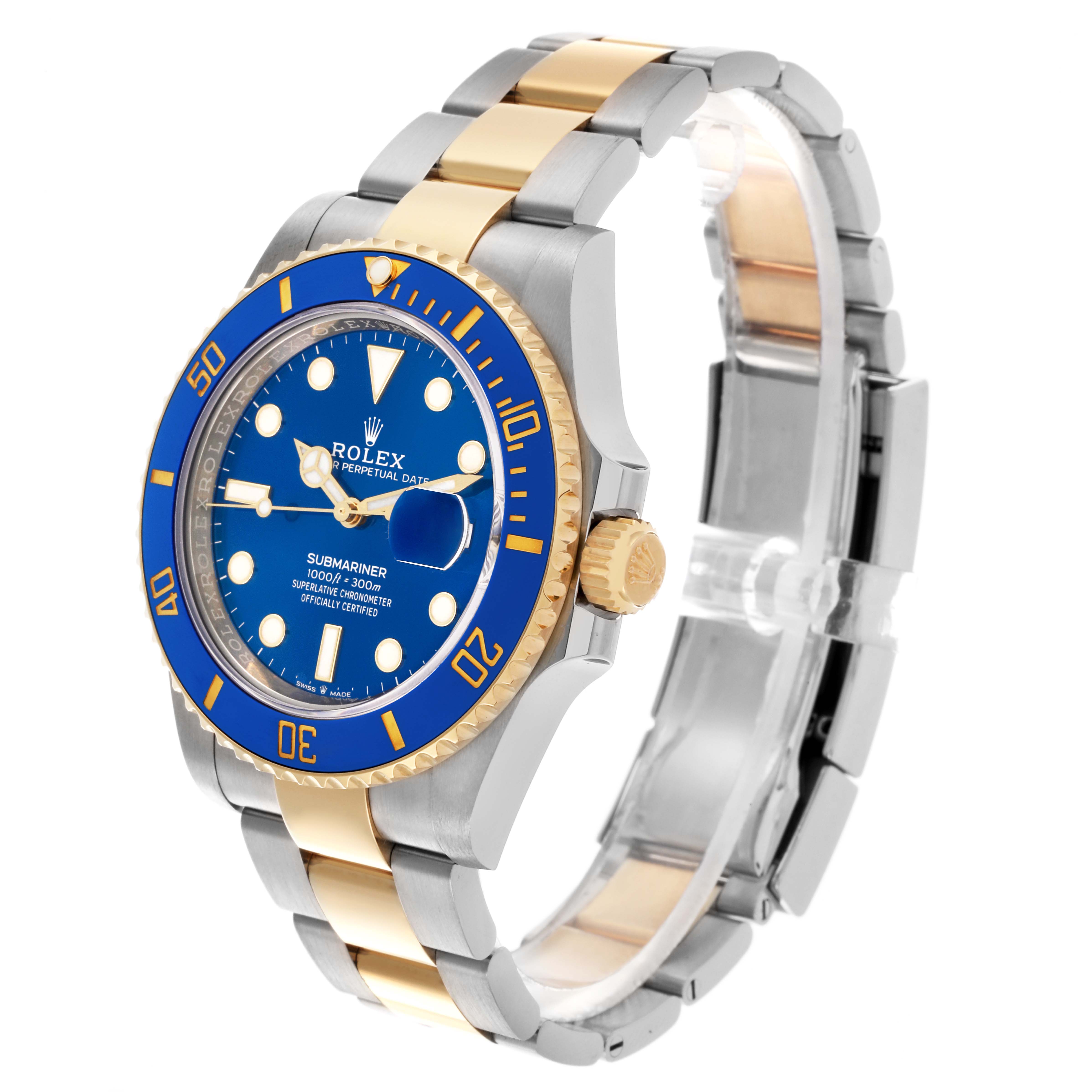 The Rolex Submariner 126613LB Men's Steel and Gold (two tone) Blue Dial 126613LB Men's Steel and Gold (two tone) Blue Dial watch is shown at an angled front view, displaying the blue dial, bezel, and bi-tone bracelet clearly.