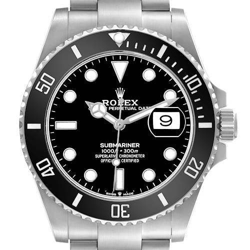 The Rolex Submariner 126610LN Men's Stainless Steel Black Dial watch is shown from a top-down angle, highlighting the dial, bezel, bracelet, and crown.