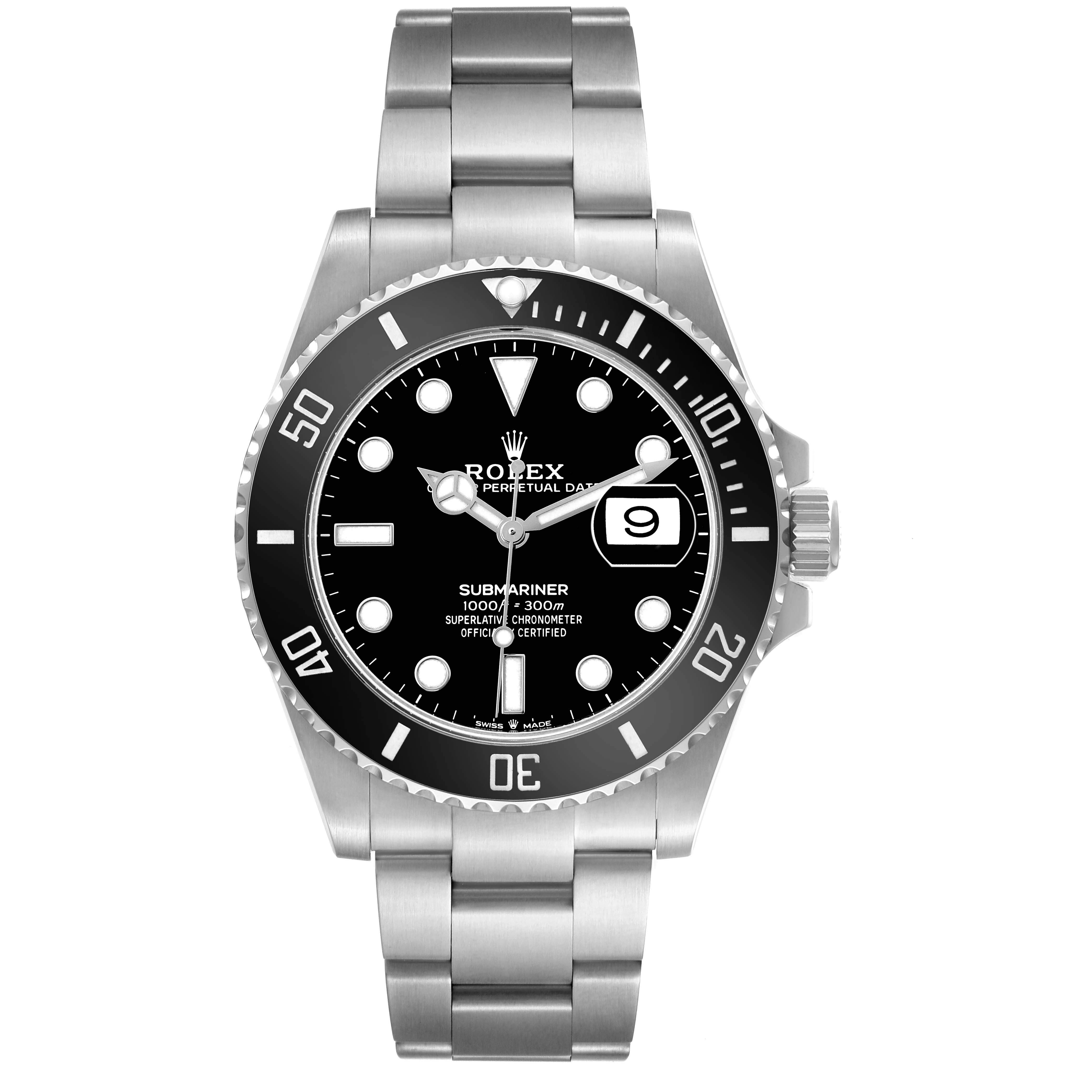 The image shows a front view of a Rolex Submariner 126610LN Men's Stainless Steel Black Dial, displaying its dial, bezel, bracelet, and date window.