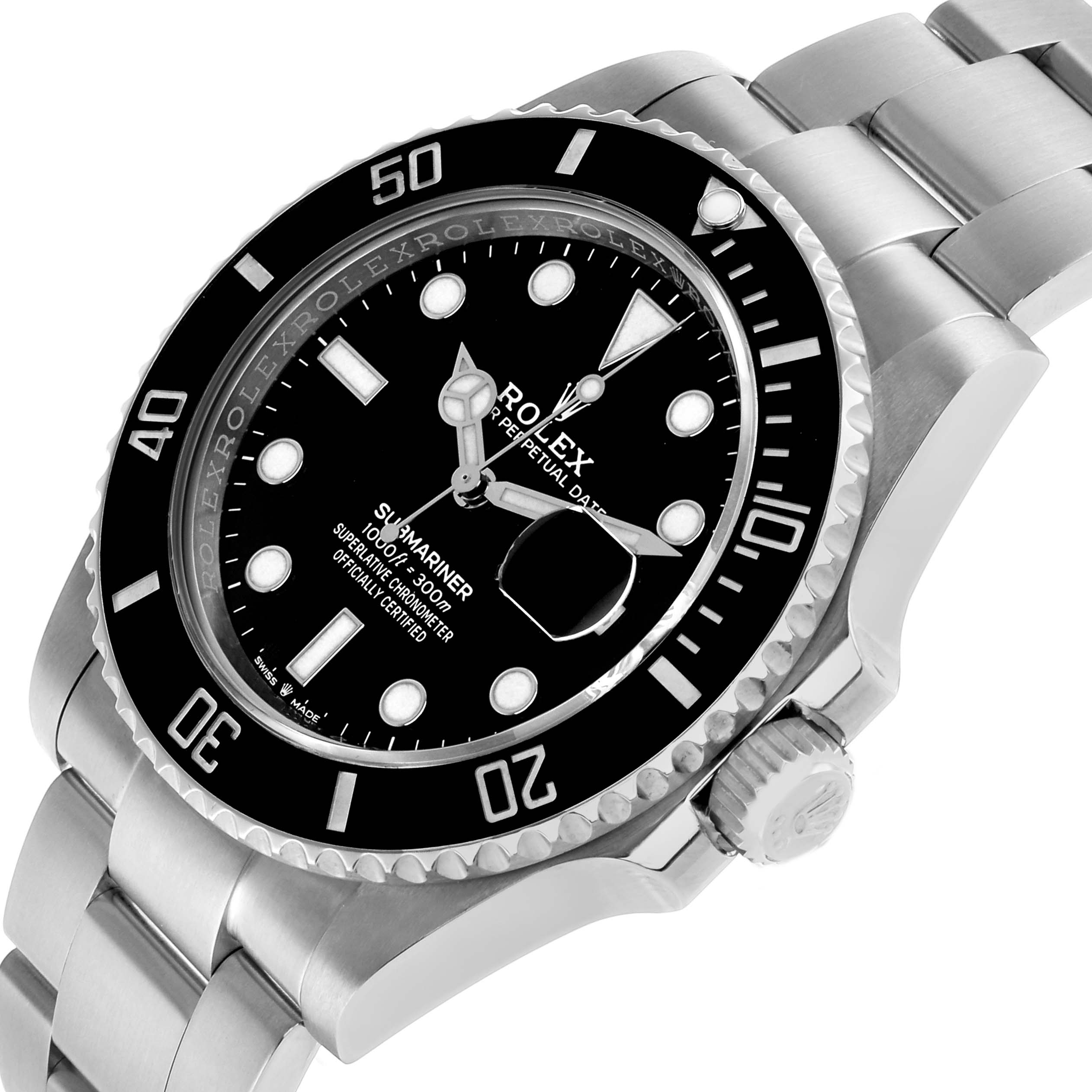 The Rolex Submariner 126610LN Men's Stainless Steel Black Dial watch is shown from an angled side view, highlighting the bezel, dial, and bracelet.