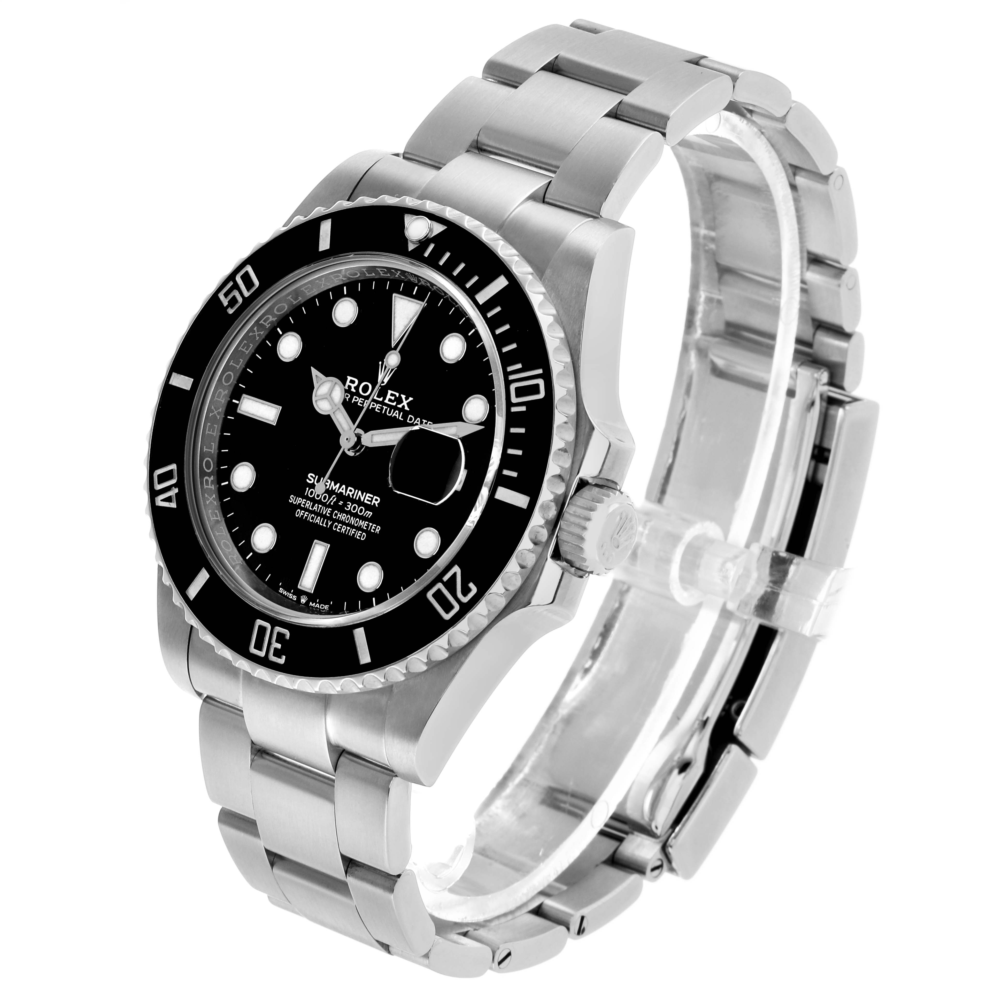 The Rolex Submariner 126610LN Men's Stainless Steel Black Dial watch is shown at a three-quarter angle, displaying the dial, bezel, crown, and bracelet.