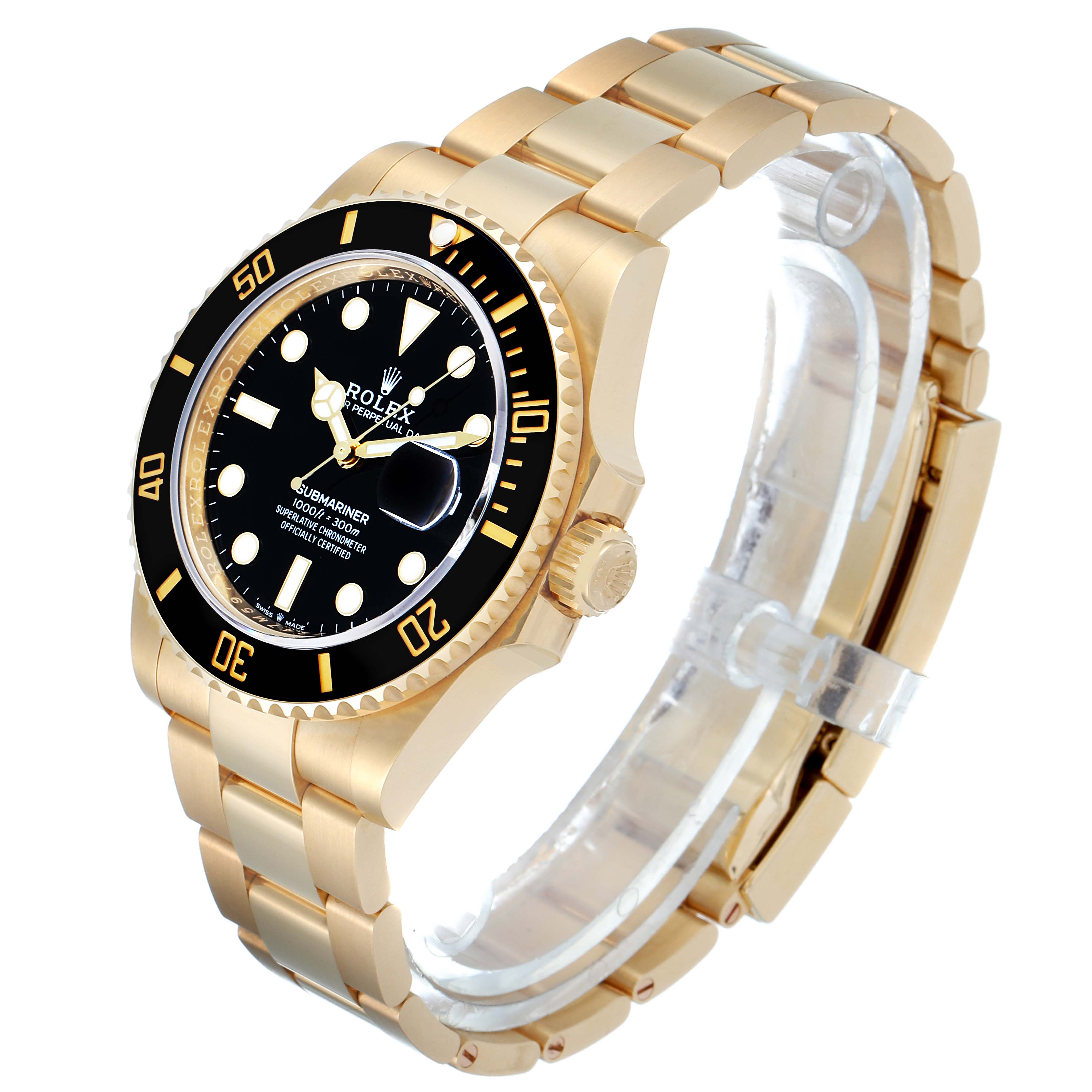 This image shows a Rolex Submariner 126618 Men's Yellow Gold Black Dial 126618 Men's Yellow Gold Black Dial watch from a 3/4 angle, highlighting the gold bracelet, black dial, and rotating bezel.