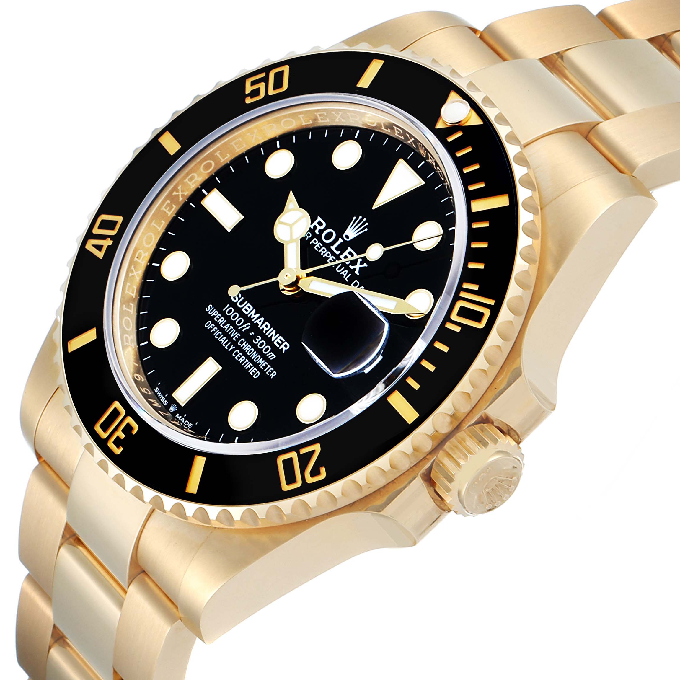 This image shows a close-up side angle of the Rolex Submariner 126618 Men's Yellow Gold Black Dial 126618 Men's Yellow Gold Black Dial watch, showcasing the dial, bezel, case, crown, and part of the bracelet.