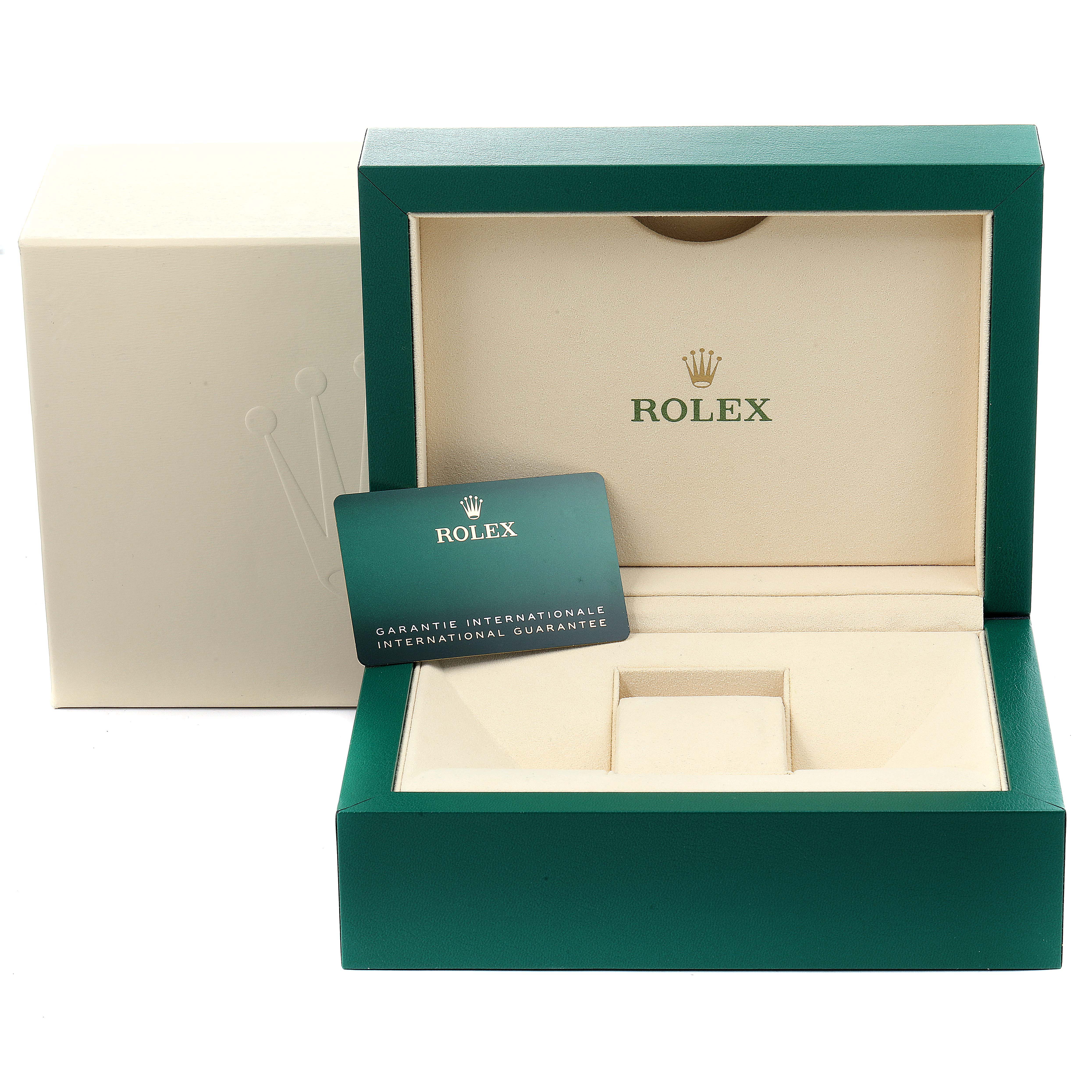 The image shows an open Rolex Submariner 126618 Men's Yellow Gold Black Dial 126618 Men's Yellow Gold Black Dial watch box with an international guarantee card.