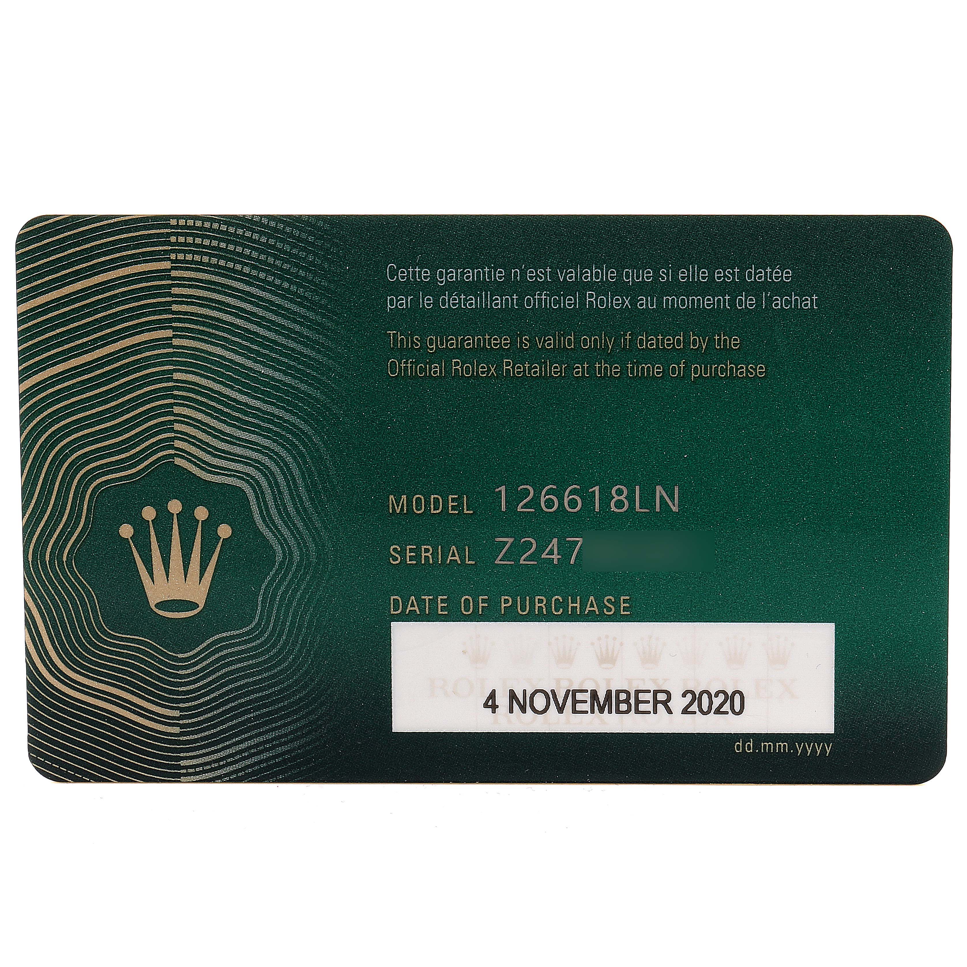 This image shows a guarantee card for a Rolex Submariner 126618 Men's Yellow Gold Black Dial 126618 Men's Yellow Gold Black Dial model 126618LN, purchased on 4 November 2020.