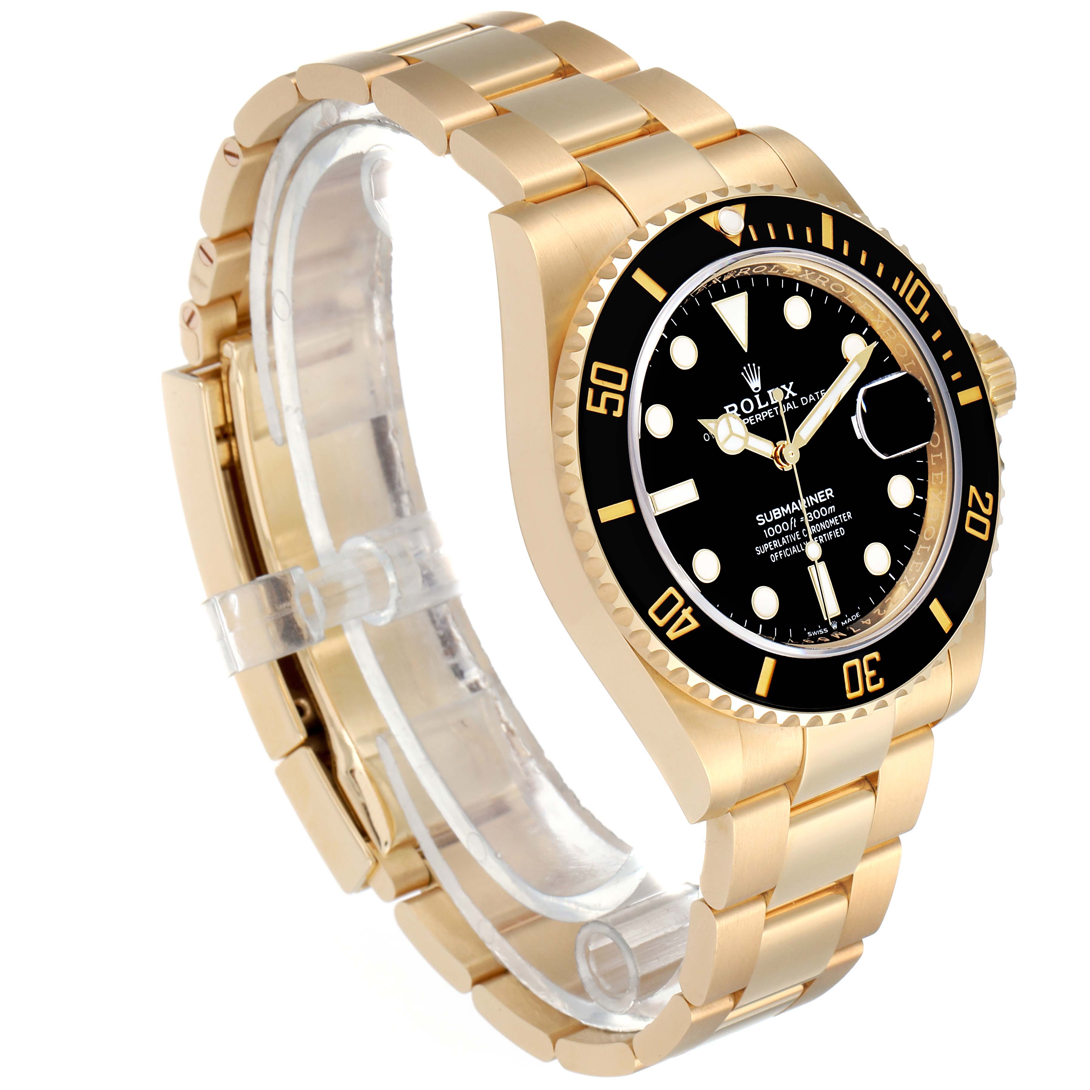 The image shows a side angle of a Rolex Submariner 126618 Men's Yellow Gold Black Dial 126618 Men's Yellow Gold Black Dial watch, highlighting its gold bracelet, black bezel, and face.