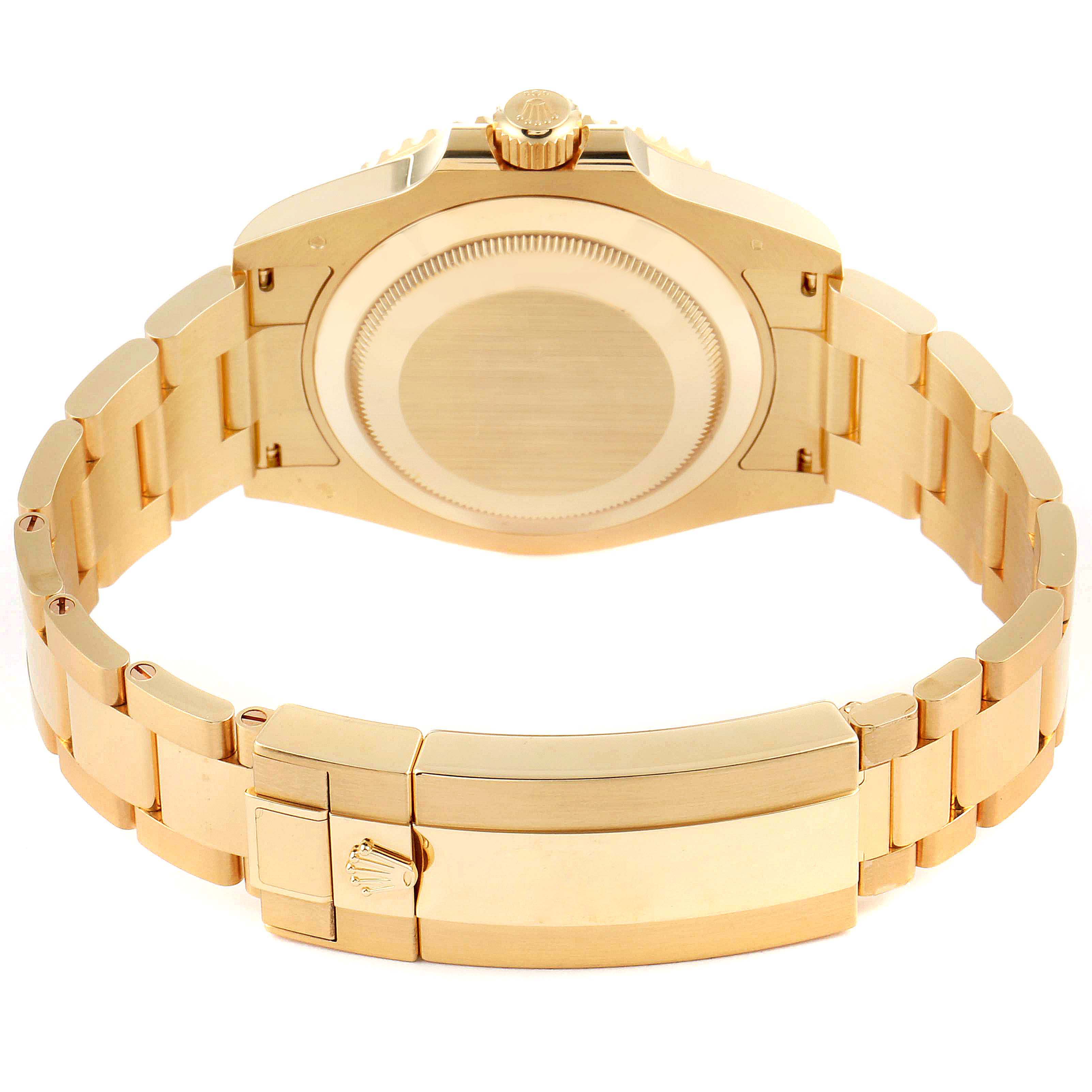 The image shows the back view of a Rolex Submariner 126618 Men's Yellow Gold Black Dial 126618 Men's Yellow Gold Black Dial watch, highlighting its case back, crown, and bracelet.