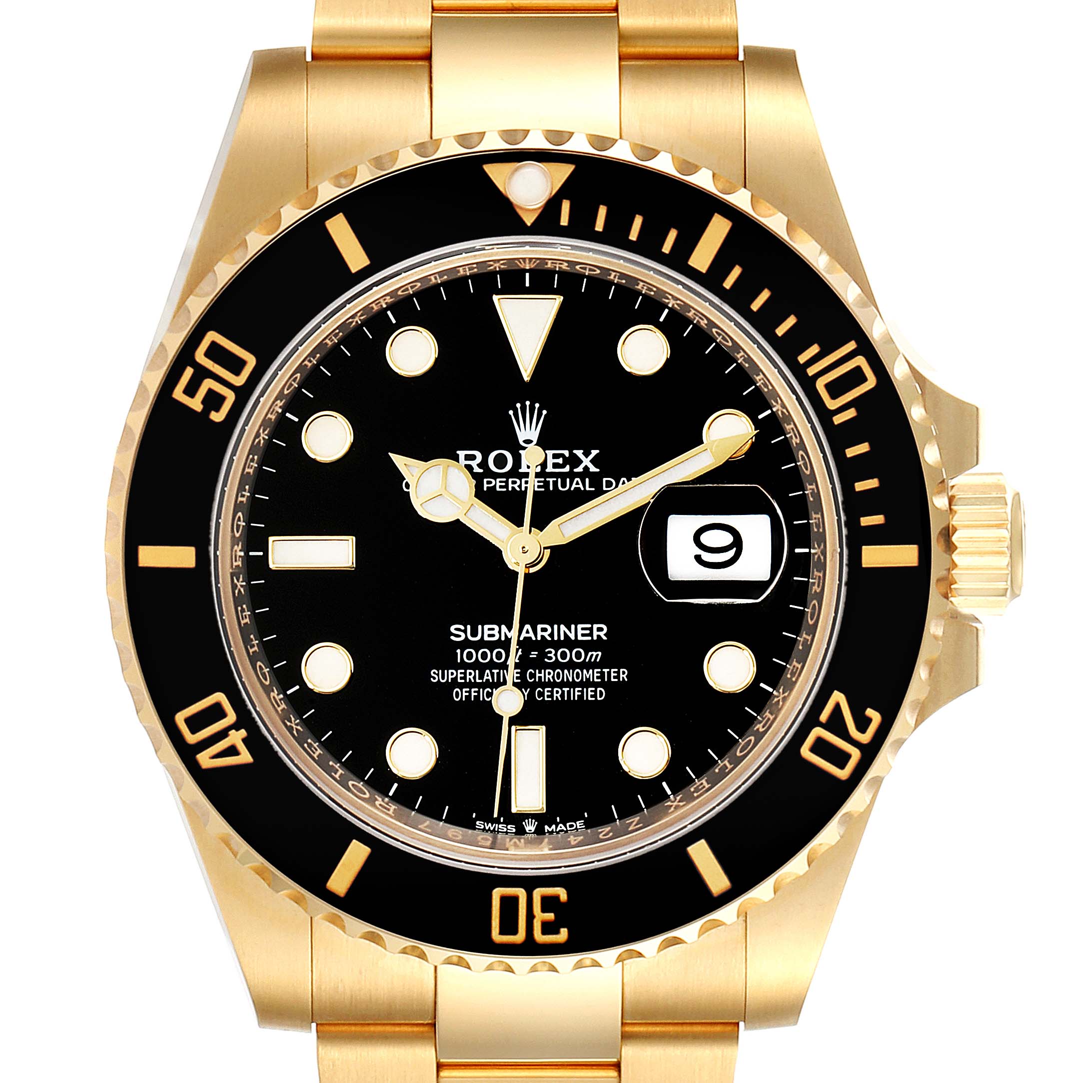 The image shows a Rolex Submariner 126618 Men's Yellow Gold Black Dial 126618 Men's Yellow Gold Black Dial watch from a front angle, highlighting the black dial, gold casing, bezel, and bracelet.