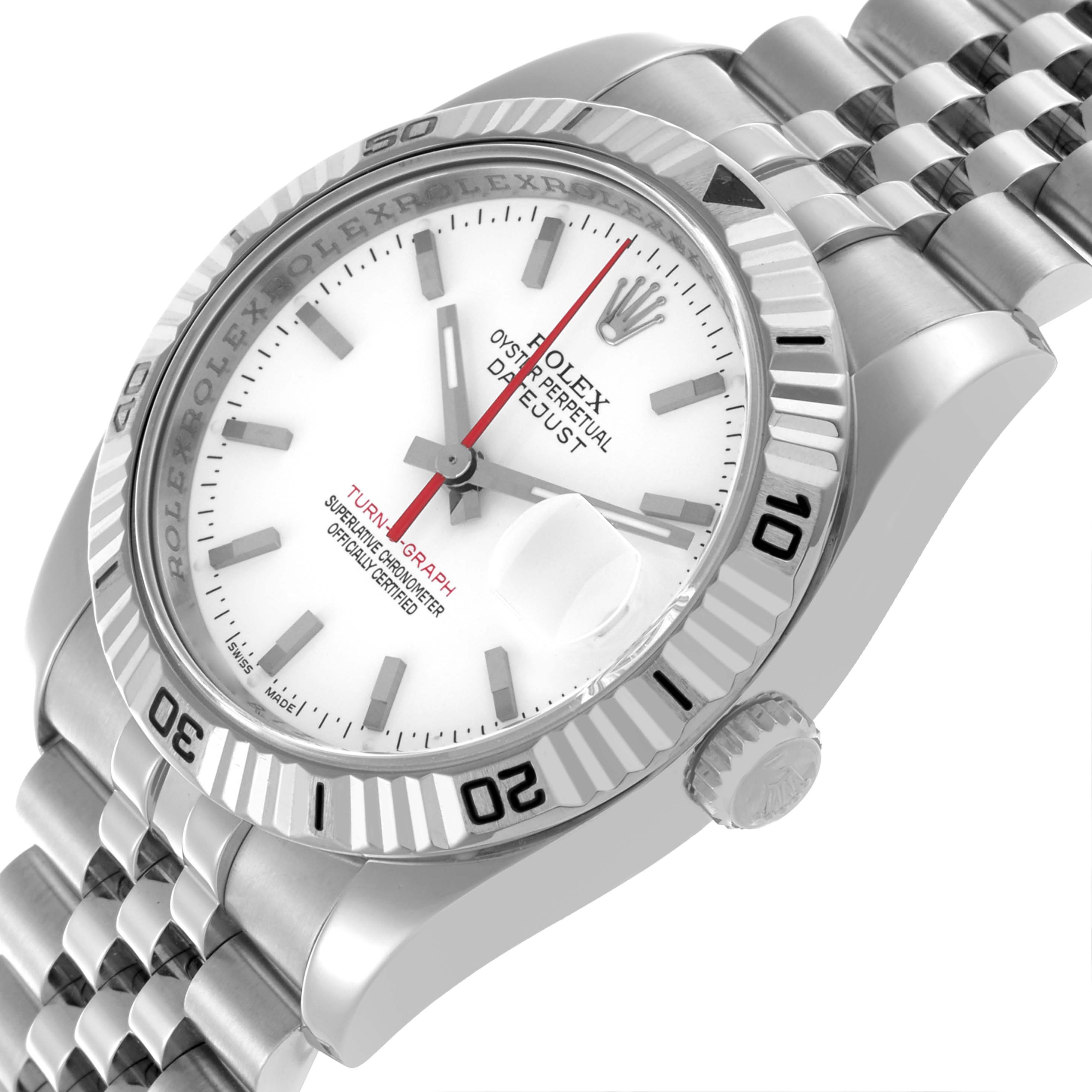 The image shows a Rolex Turn-o-Graph 116264 Men's Stainless Steel White Dial 116264 Men's Stainless Steel White Dial watch at an angled view, highlighting the bezel, dial, and Jubilee bracelet.