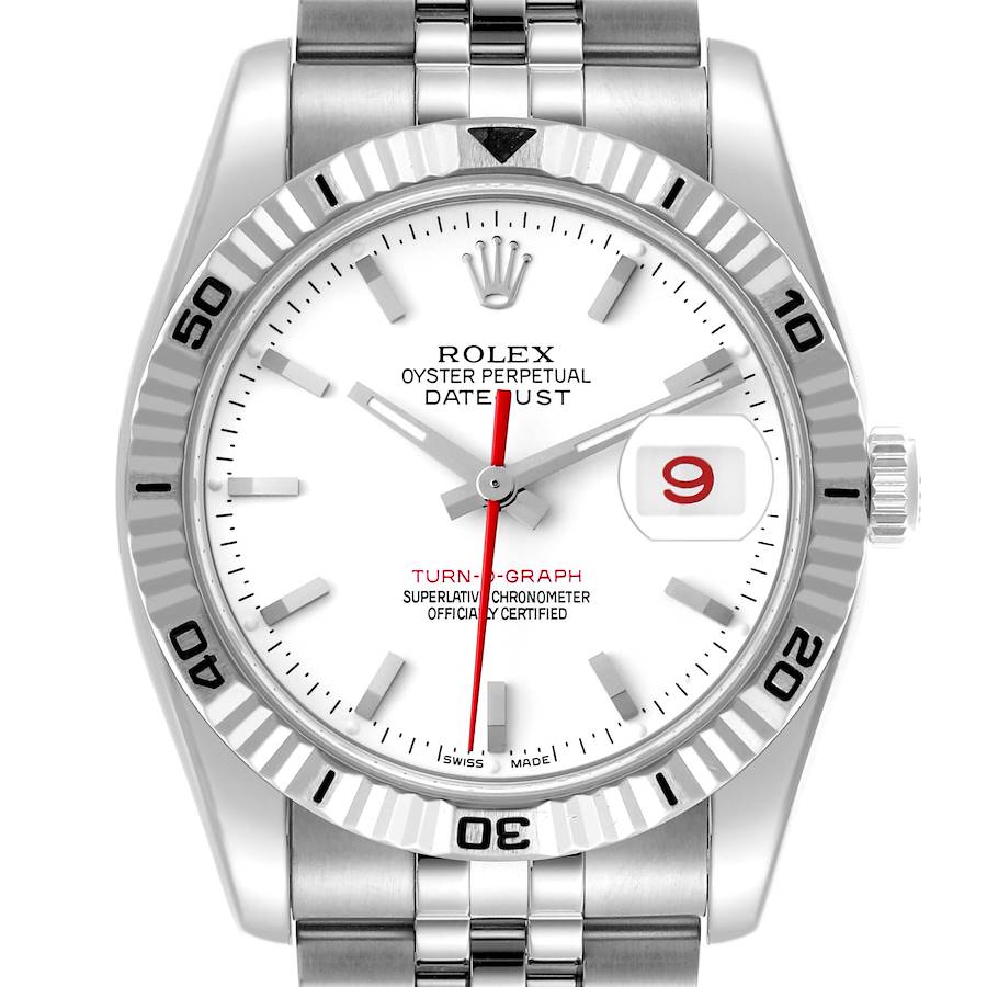 The Rolex Turn-o-Graph watch is shown from a front angle, displaying its dial, bezel, and part of the bracelet.