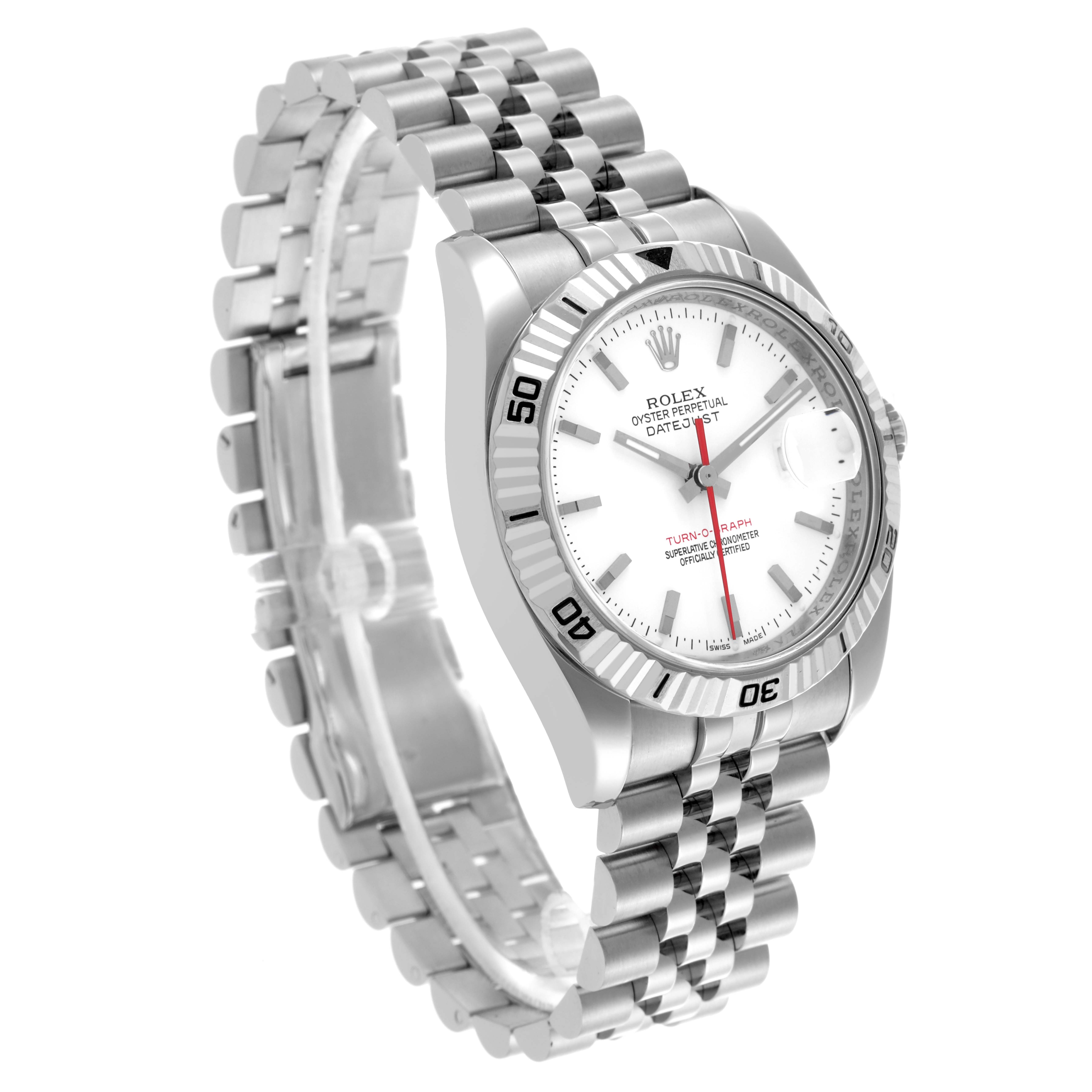 The Rolex Turn-o-Graph 116264 Men's Stainless Steel White Dial 116264 Men's Stainless Steel White Dial watch is displayed at an angle showing the dial, bezel, and part of the bracelet.