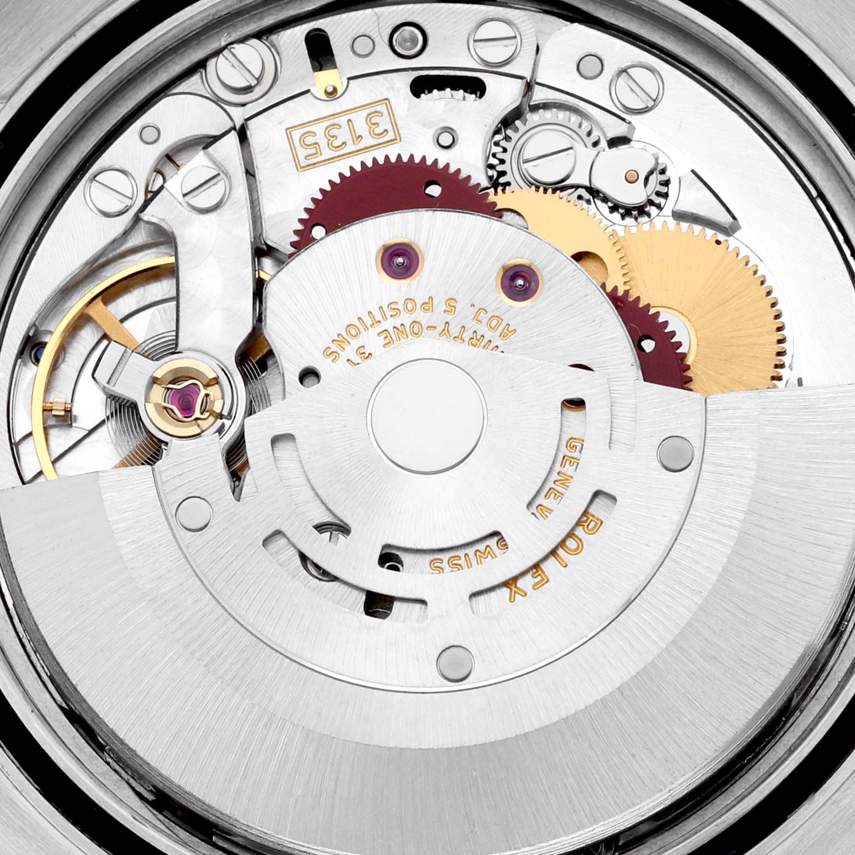 The image shows the intricate internal mechanism of a Rolex Turn-o-Graph 116264 Men's Stainless Steel White Dial 116264 Men's Stainless Steel White Dial watch, highlighting gears and movement parts.