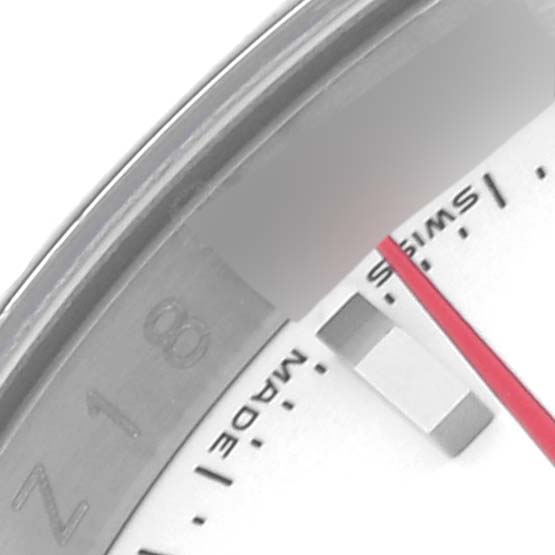 The image shows a close-up of the dial and bezel of the Rolex Turn-o-Graph 116264 Men's Stainless Steel White Dial 116264 Men's Stainless Steel White Dial watch, highlighting the indices and a red hand.