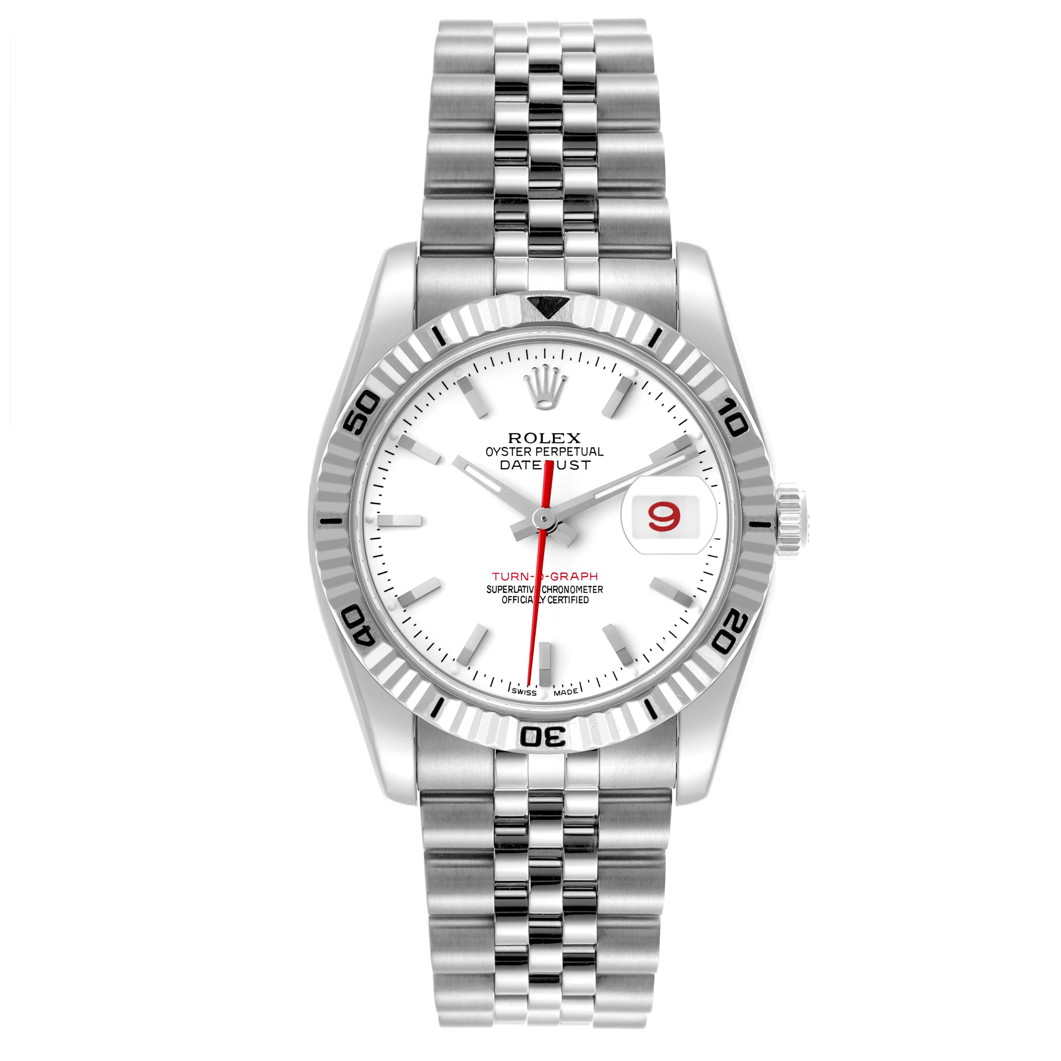 The Rolex Turn-o-Graph 116264 Men's Stainless Steel White Dial 116264 Men's Stainless Steel White Dial watch is shown from a top-down angle, displaying the dial, bezel, and bracelet.