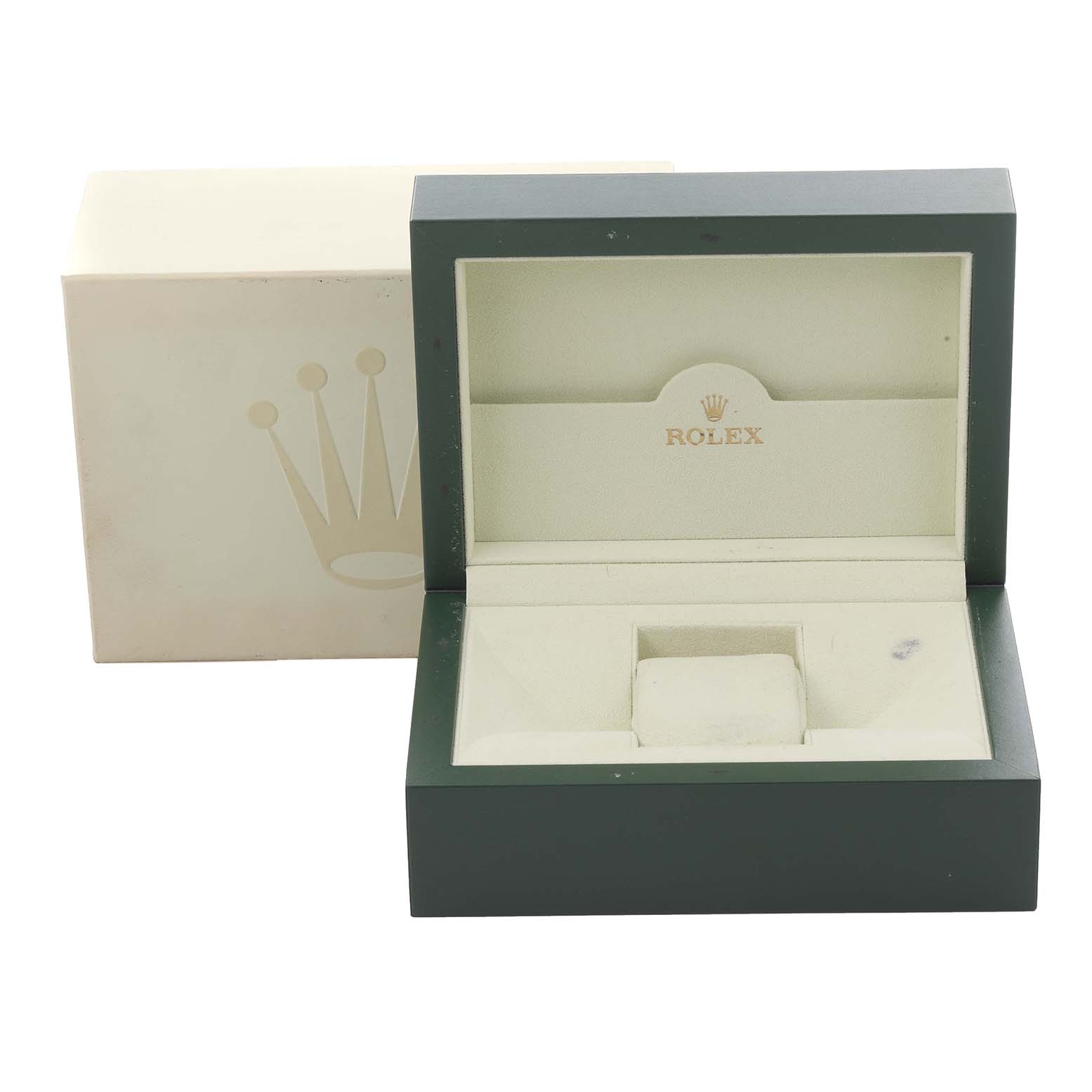 The image shows an open green Rolex box, likely for the Turn-o-Graph model, with the inner pillow and outer packaging visible.