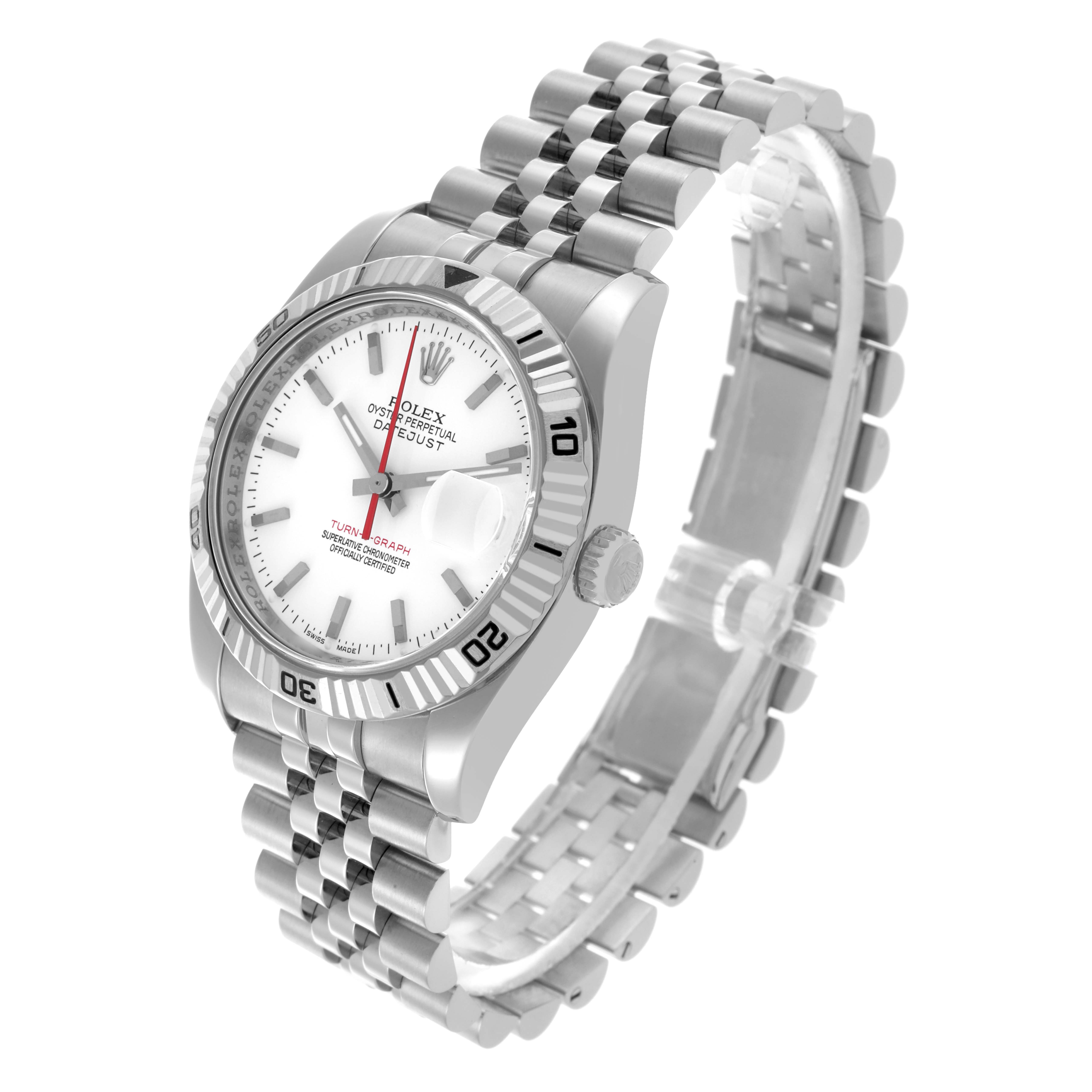 The Rolex Turn-o-Graph 116264 Men's Stainless Steel White Dial 116264 Men's Stainless Steel White Dial watch is shown at an angled side view, displaying the dial, bezel, crown, and bracelet.