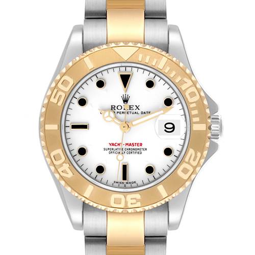 The Rolex Yacht-Master watch is shown from a front angle, highlighting the gold bezel, white dial, and date window.